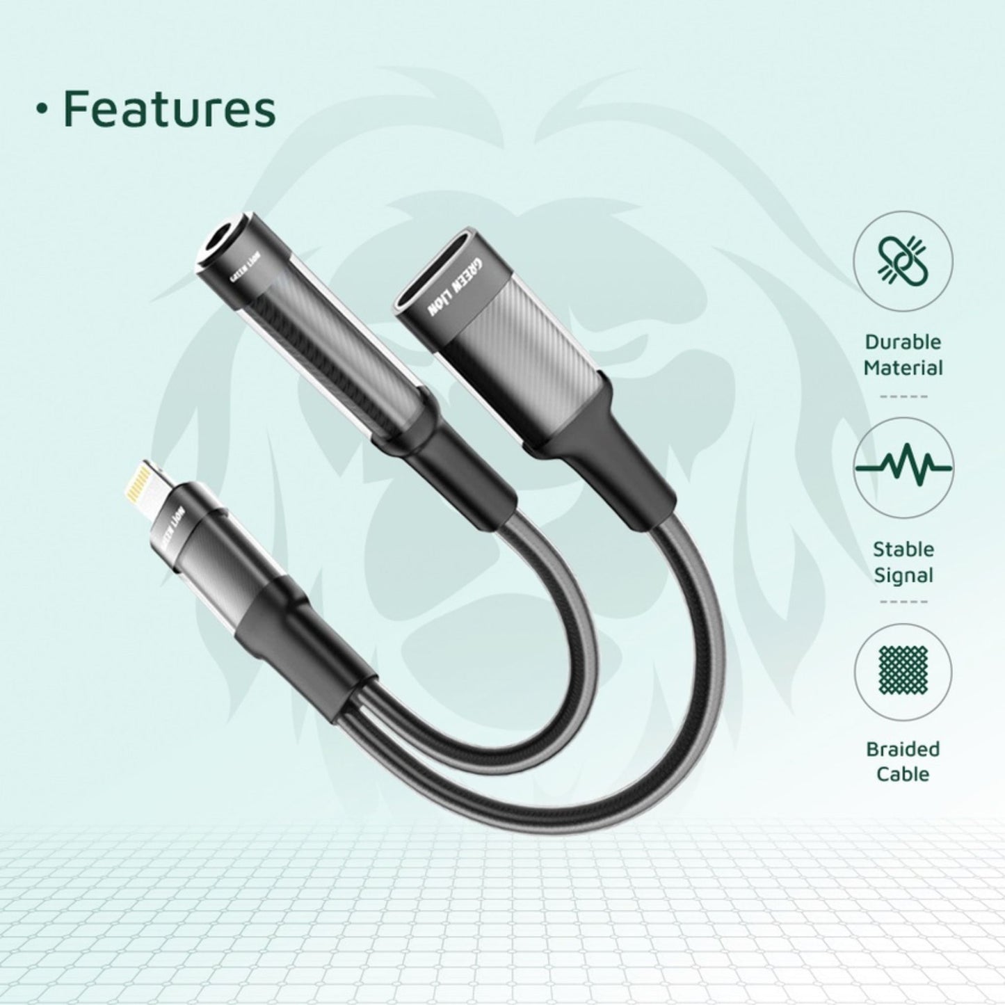 Green Lion 2 in 1 Earphone & Charging Adapter Lightning to Lightning + 3.5 (Audio) 12CM - Black