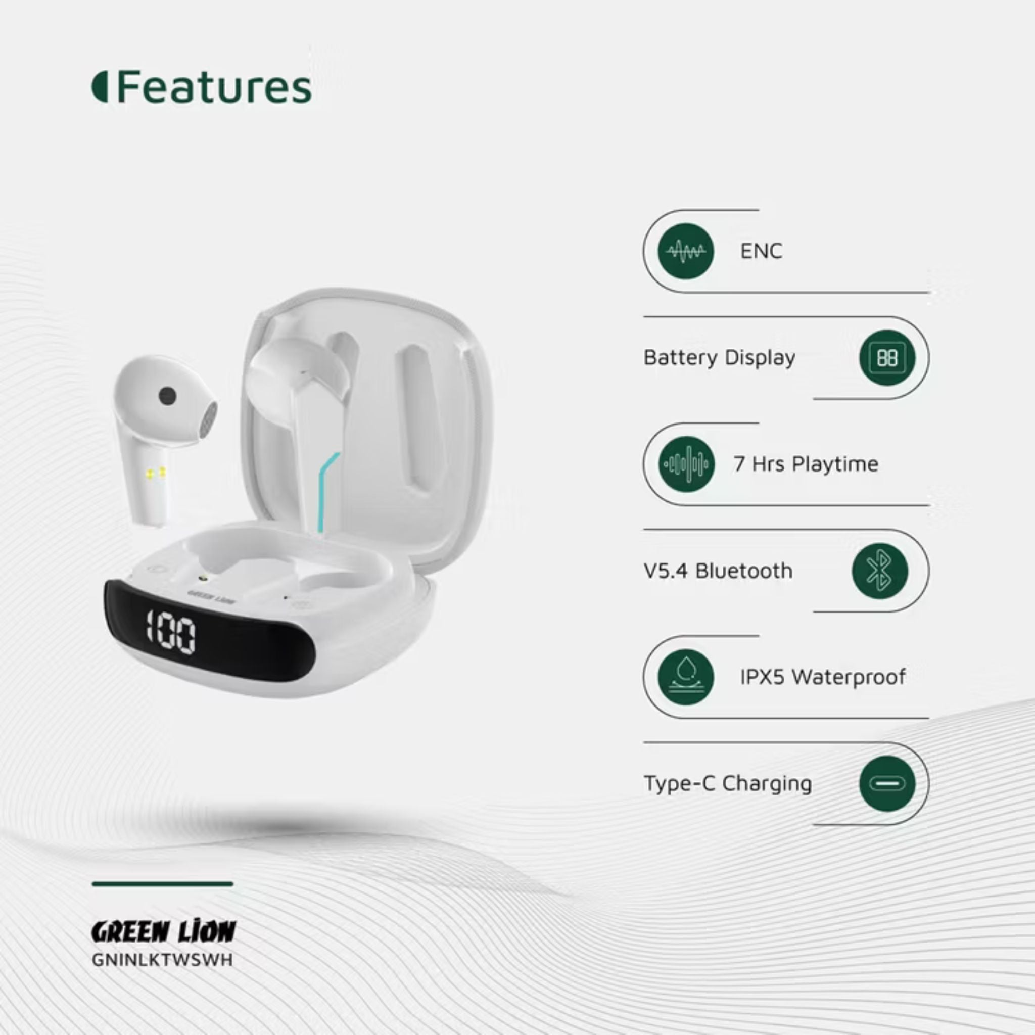 Green Lion Interlaken True Wireless Earbuds with Built-in Dual Microphones, 7 Hours Play Time, 13mm Speaker Size, 300mAh Case & 40mAh Earbuds Battery, 180 Hours Standby Time, Battery Display, Breathing Lights