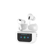 The image shows a pair of white Porodo earbuds with a touch display and control case.