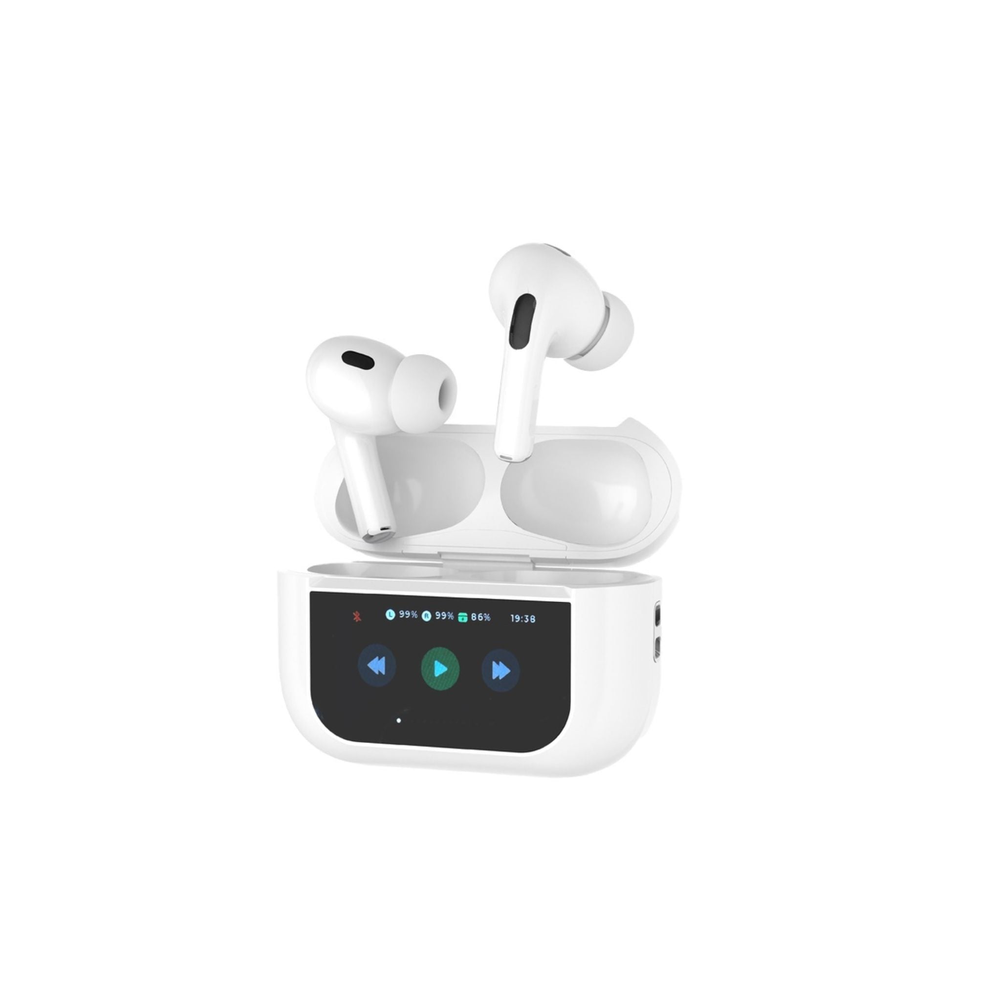 The image shows a pair of white Porodo earbuds with a touch display and control case.