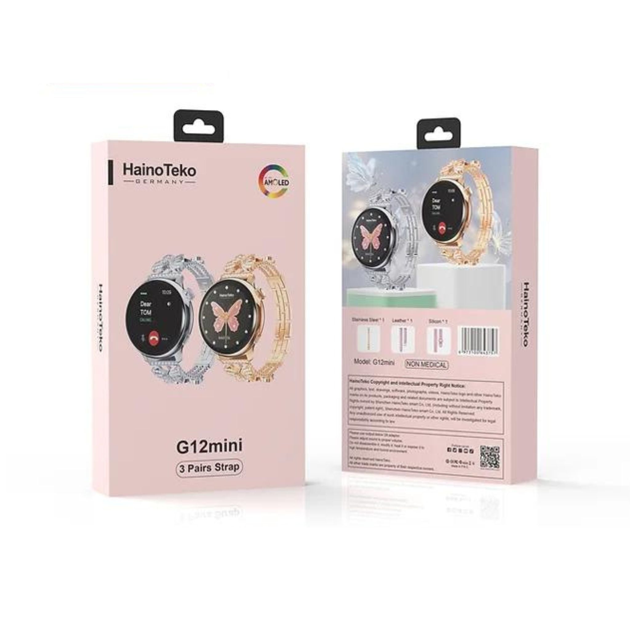 Haino Teko G12 Mini (HD IPS Amolded Display) with 3 Pairs Strap (Stainless Steel+Leather+Silicone) Excelent Diamond Look With Wireless Charger- Gold