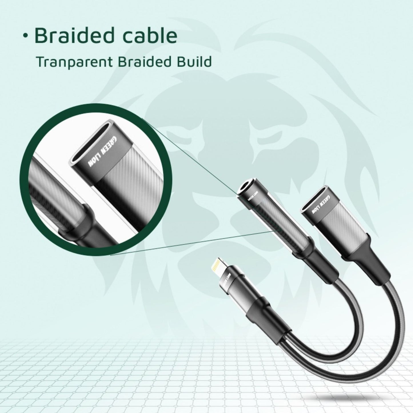 Green Lion 2 in 1 Earphone & Charging Adapter Lightning to Lightning + 3.5 (Audio) 12CM - Black