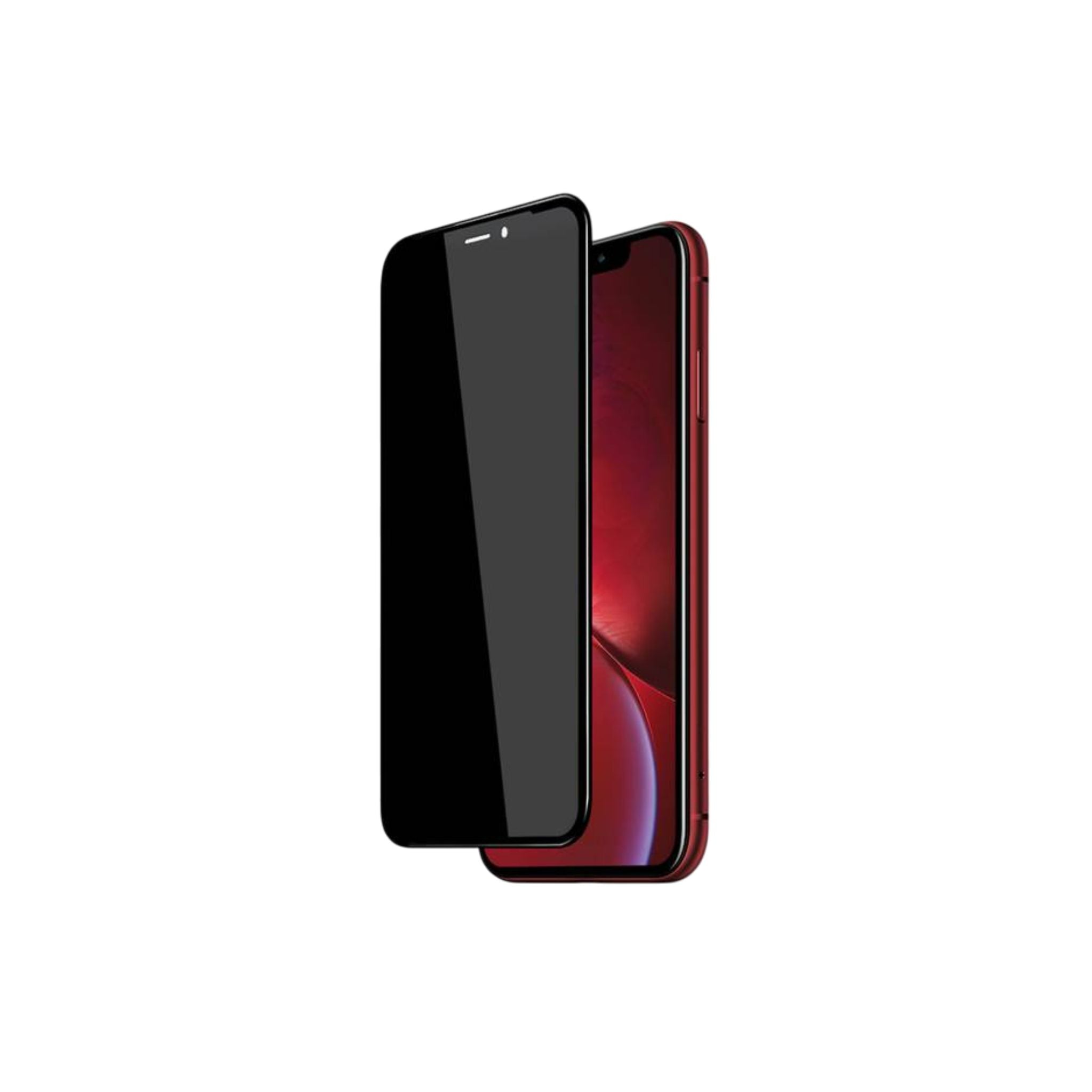 A graphic representation of a black privacy screen protector for an iPhone 11, showing the protector applied on the phone's screen.