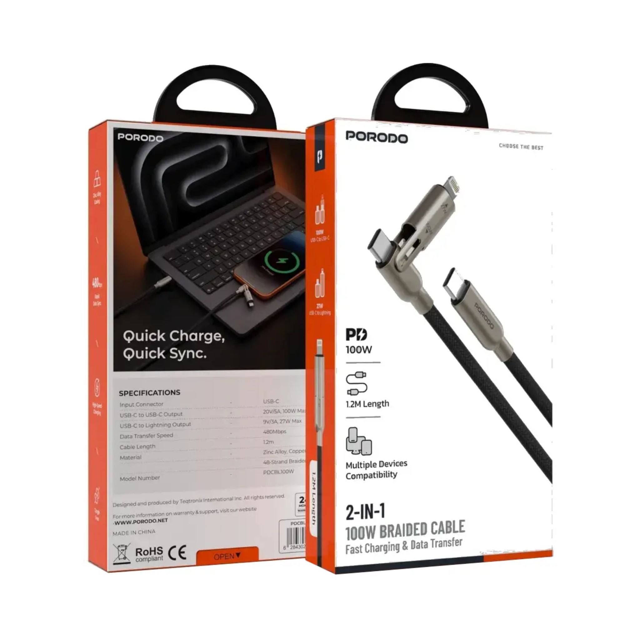 Porodo 2-In-1 100W Braided Cable - Black