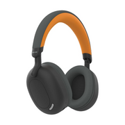 Black over-ear headphones with orange accents on a white background