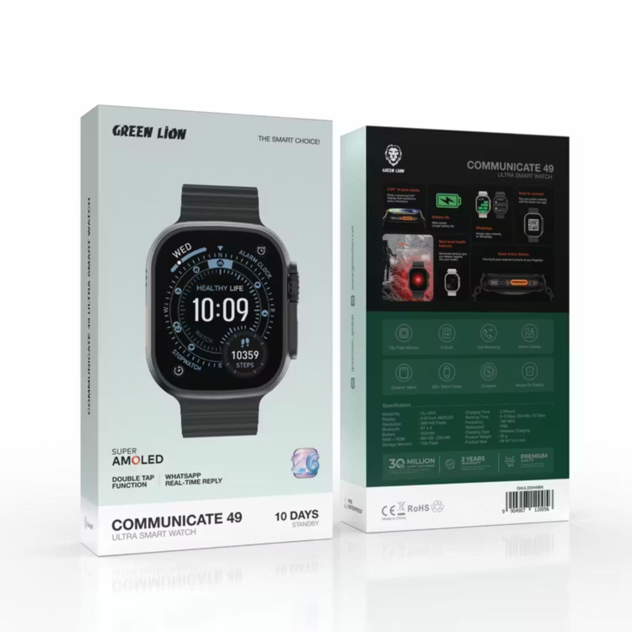 Green Lion Communicate 49mm Ultra Smartwatch, 2.04” AMOLED Display, 350mAh Battery, 2–3 Days Use, 10-Day Standby, Bluetooth 5.4, 1GB Flash, 3ATM Waterproof, Wireless Charging, Double Tap, Dynamic Island, Always-On Display, 500+ Watch Faces-Black