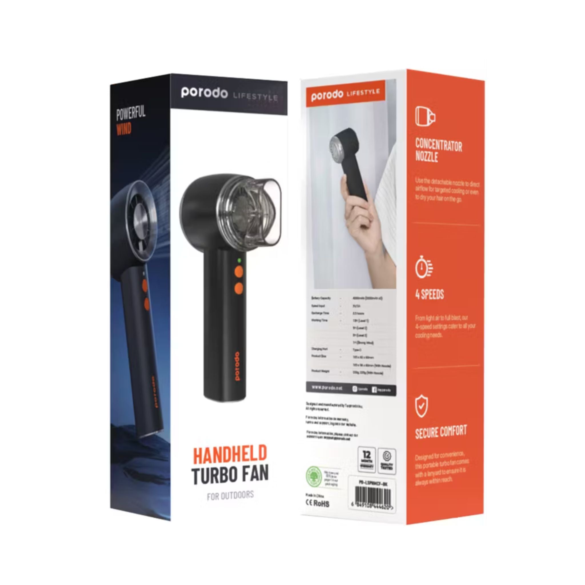 Porodo Lifestyle Handheld Turbo Fan For Outdoors, Concentrator Nozzle, Secure Comfort, 4 Speeds, 4000mAh battery, Up to 13 Hours Working Time - Black