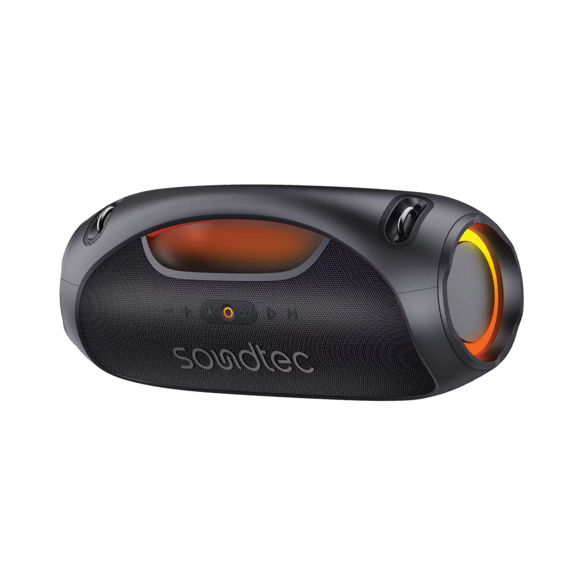 Porodo Soundtec Rush Euphoric Portable Speaker features Bluetooth 5.3, a 5400mAh battery, Type-C charging, IPX6 water resistance, 8-hour playtime, 15m range, power bank function, RGB lights, plus shoulder strap and grip handle- Black