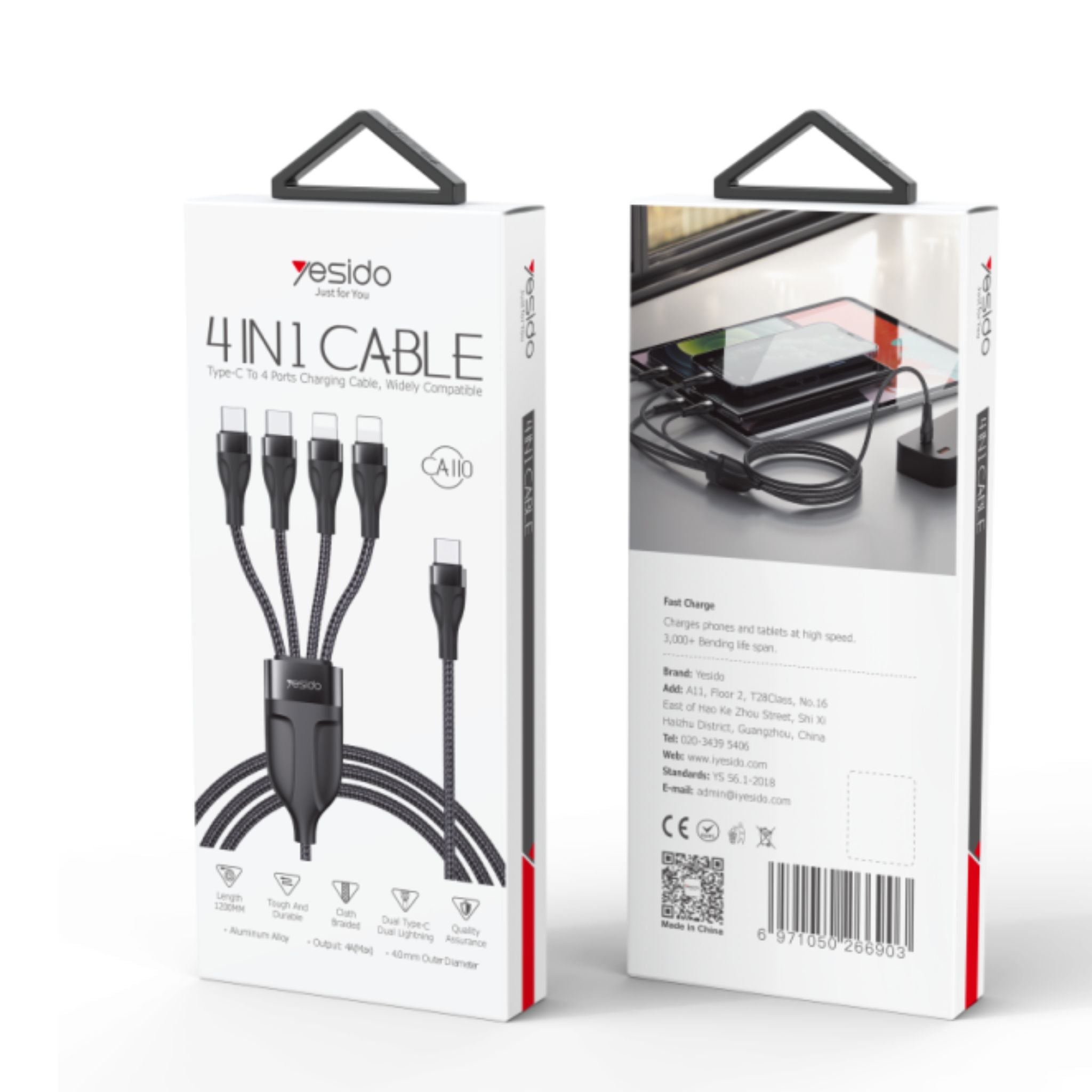 Yesido CA110 4 in 1 Charging Data Cable | Type-C to 2 TC + 2 IP Mobile Phone Charging Cable
