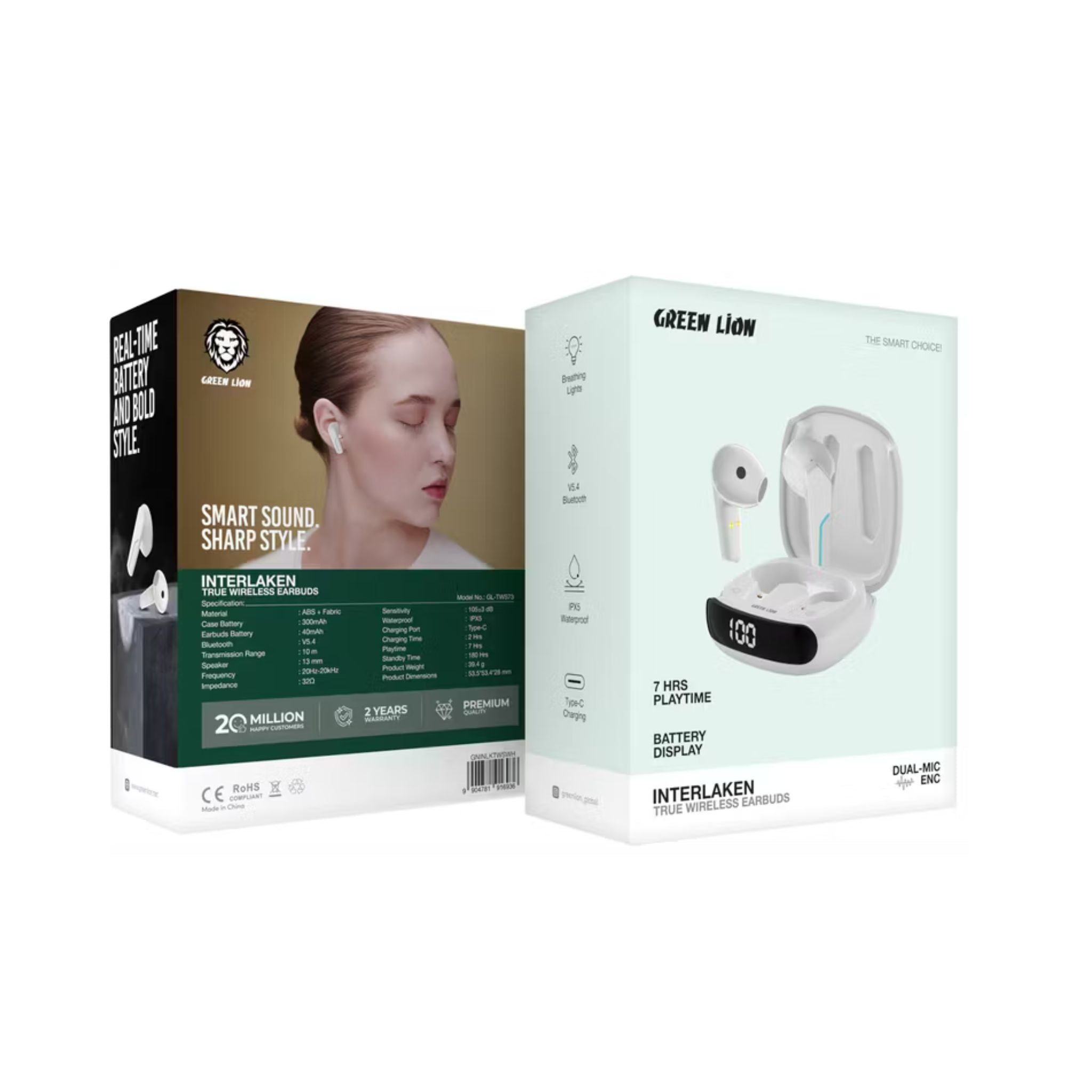 Green Lion Interlaken True Wireless Earbuds with Built-in Dual Microphones, 7 Hours Play Time, 13mm Speaker Size, 300mAh Case & 40mAh Earbuds Battery, 180 Hours Standby Time, Battery Display, Breathing Lights