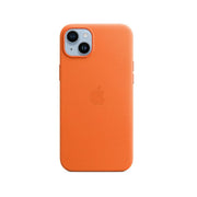 An orange leather case for the Apple iPhone 14 Plus with a visible MagSafe attachment on the back.
