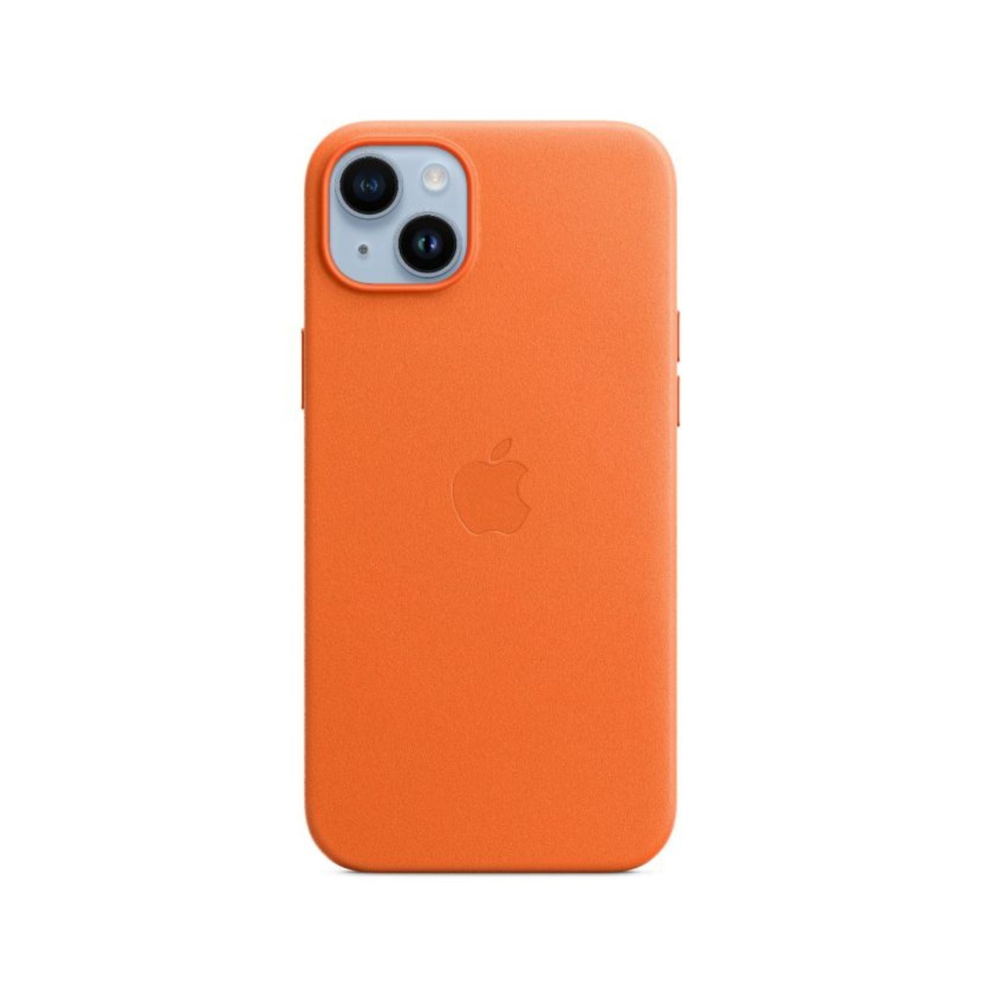 An orange leather case for the Apple iPhone 14 Plus with a visible MagSafe attachment on the back.