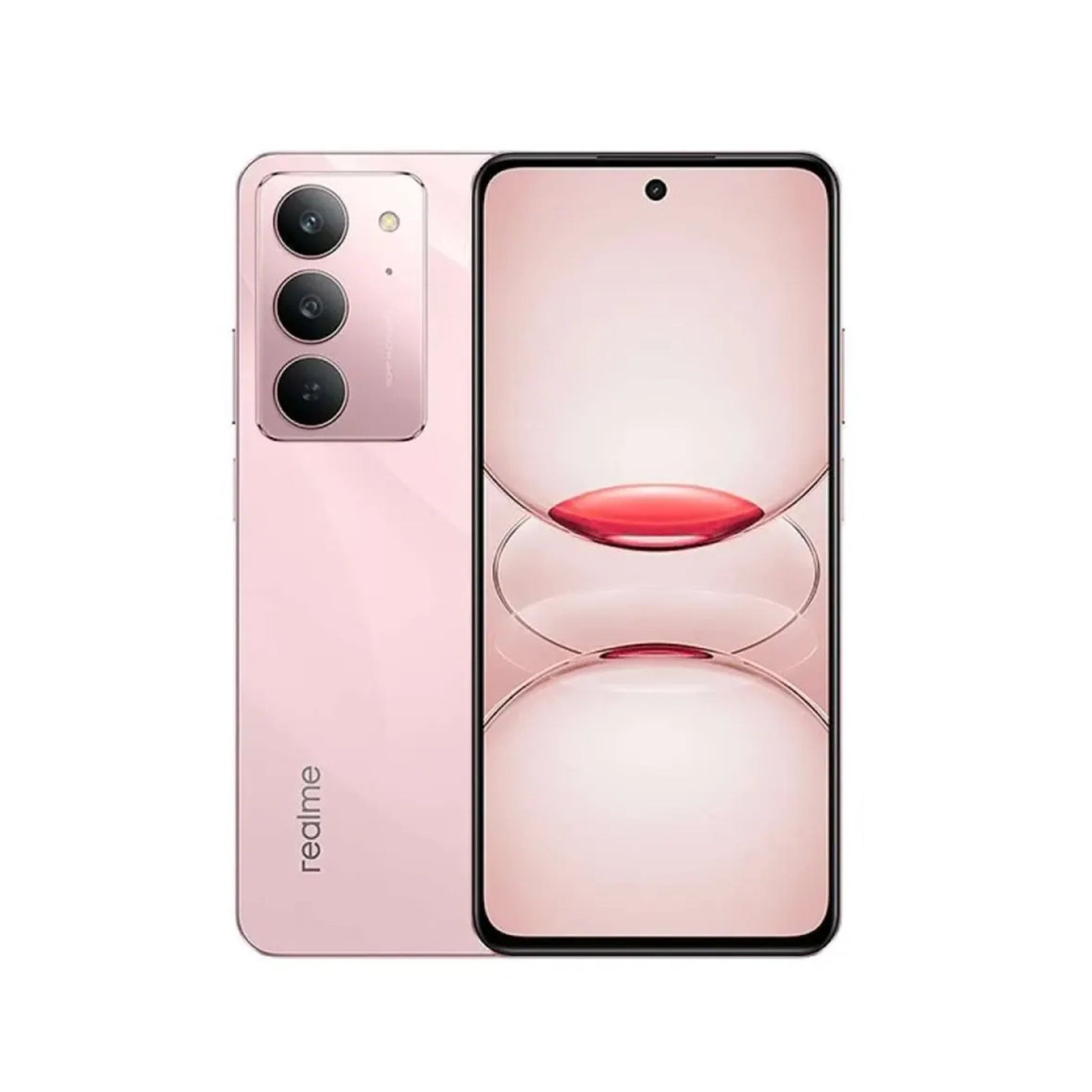 Pink smartphone showing front and back on a white background