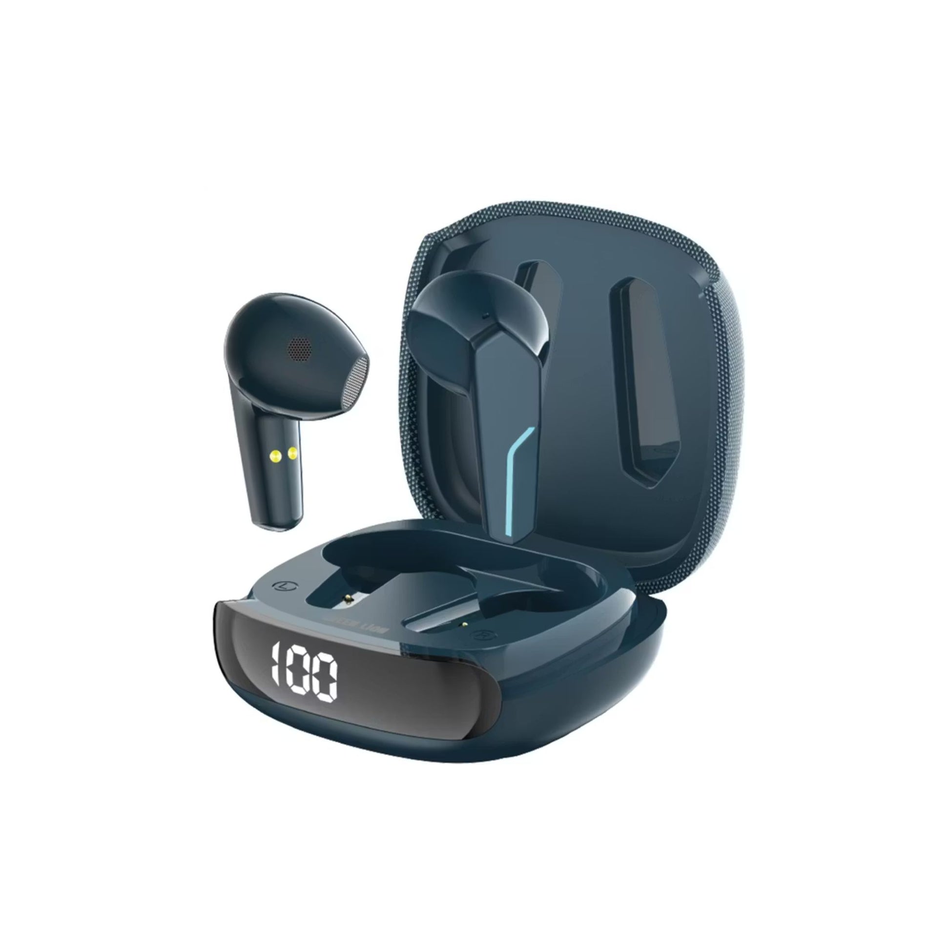 Blue wireless earbuds with charging case on a white background