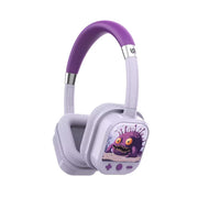 Purple and white children's headphones with a cartoon character on a white background
