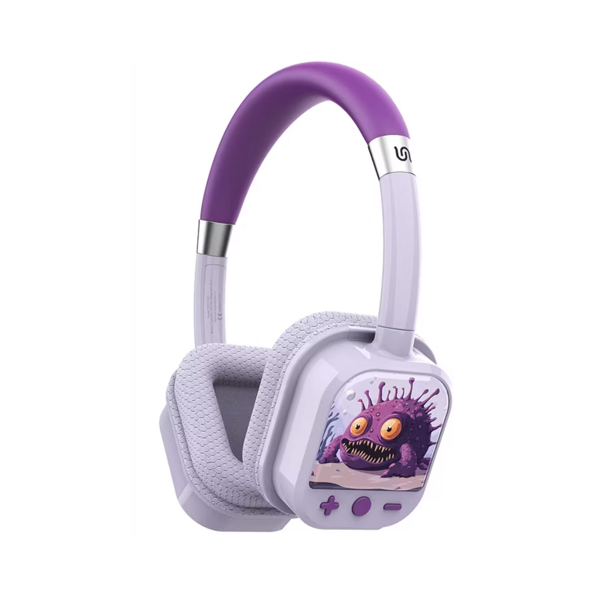 Purple and white children's headphones with a cartoon character on a white background