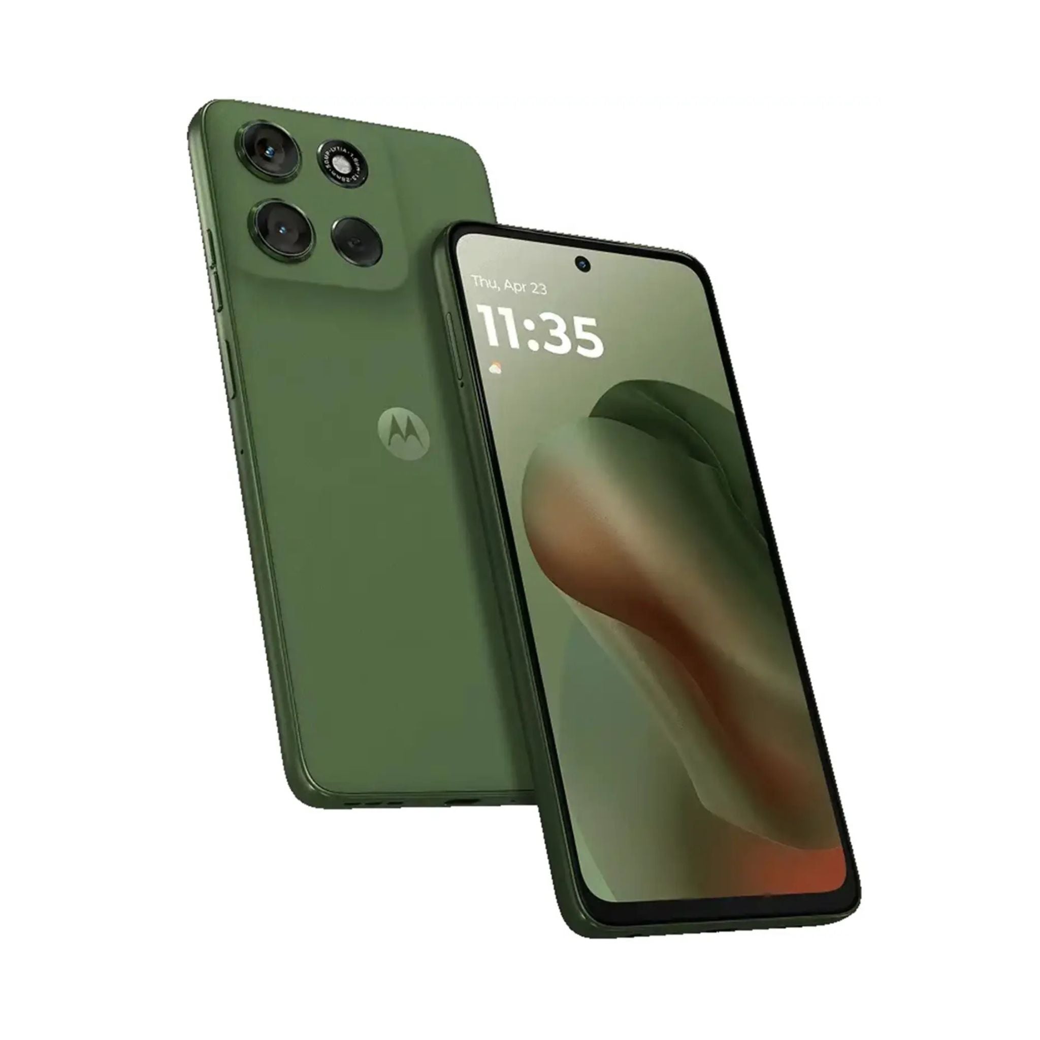 Green smartphone showing front and back on a white background