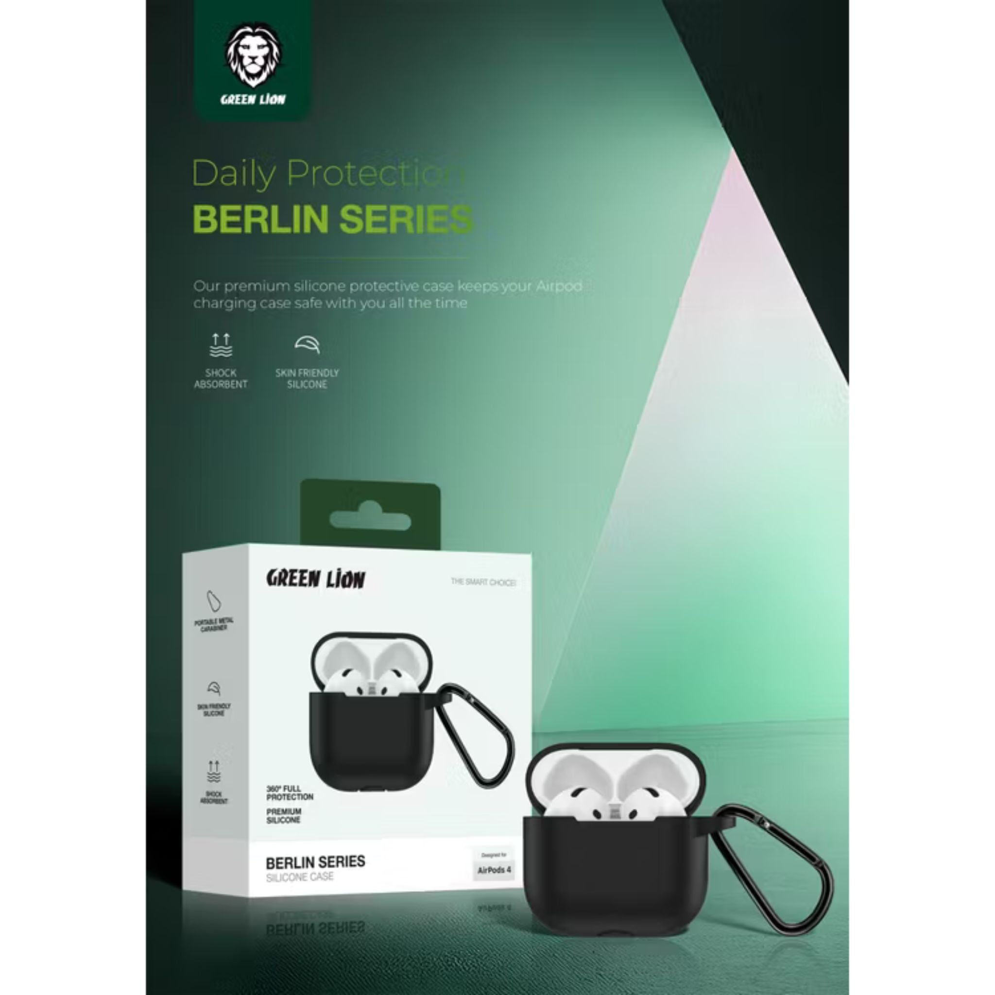Green Lion Berlin Series Silicone Case for Airpods 4, Metal Carabiner, 360° Full Protection, Shock Absorbent, Skin Friendly Silicone, Washable Material - Black