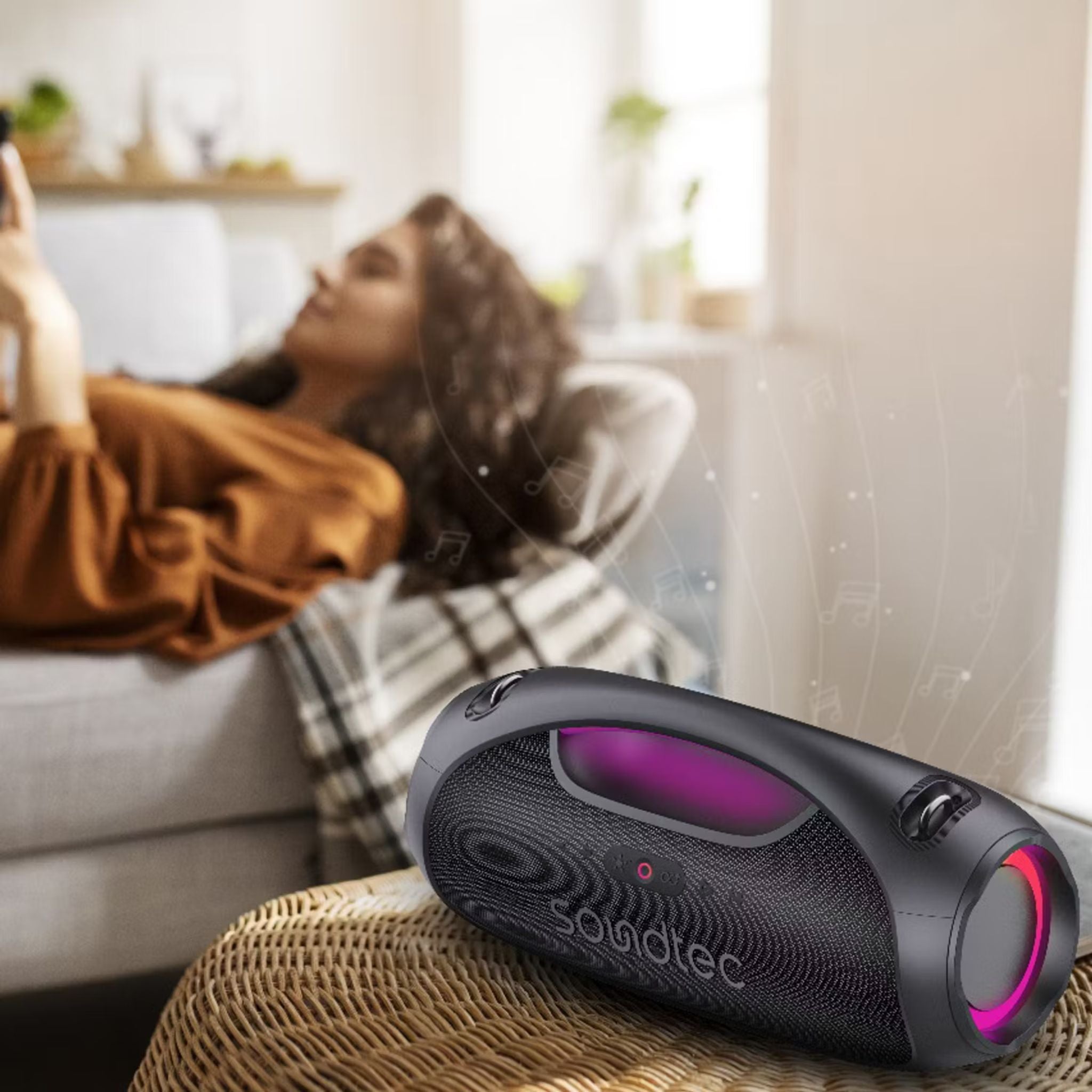 Porodo Soundtec Rush Euphoric Portable Speaker features Bluetooth 5.3, a 5400mAh battery, Type-C charging, IPX6 water resistance, 8-hour playtime, 15m range, power bank function, RGB lights, plus shoulder strap and grip handle- Black