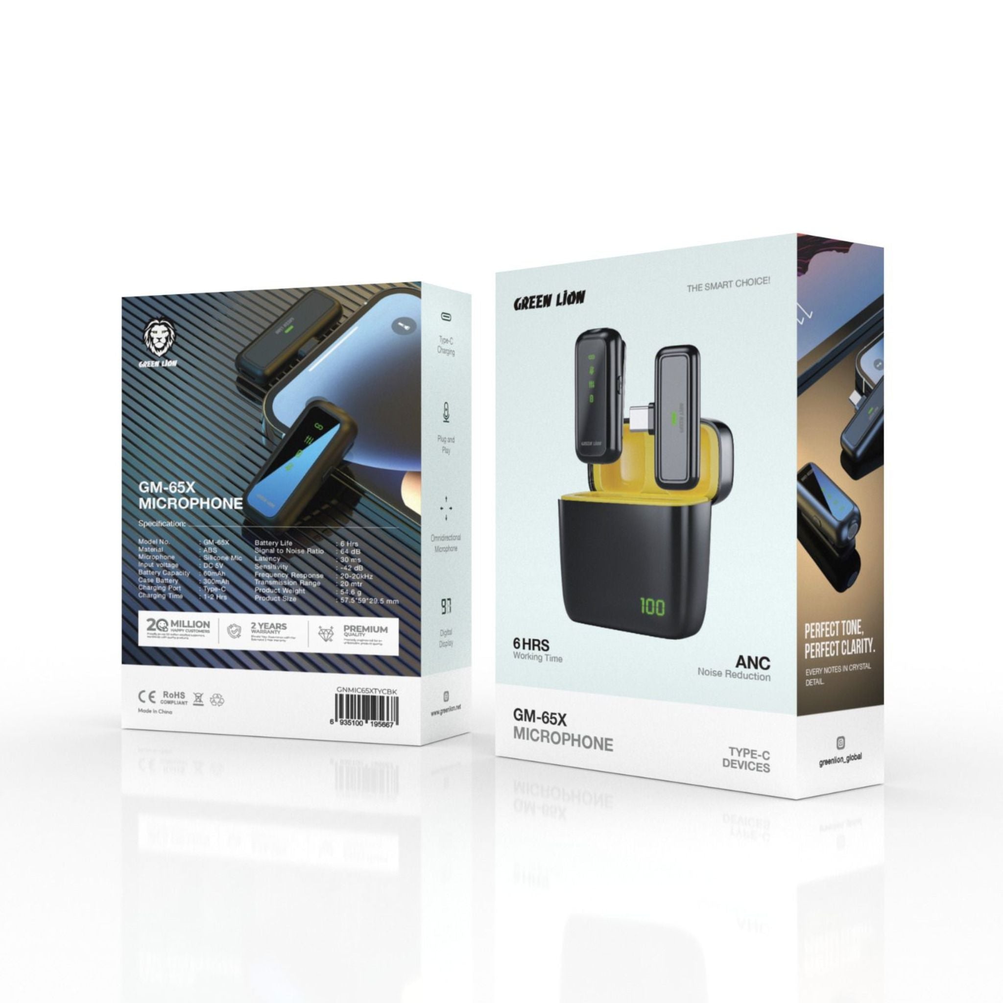 Green Lion GM-65X Microphone with Type-C Devices, ANC Noise Reduction, Omnidirectional Microphone, 1-2 Hours Charging Time, 20m Transmission Range, 6 Hours Battery Life, ABS Material, 60mAh Battery Capacity, Type-C Charging Port- Black