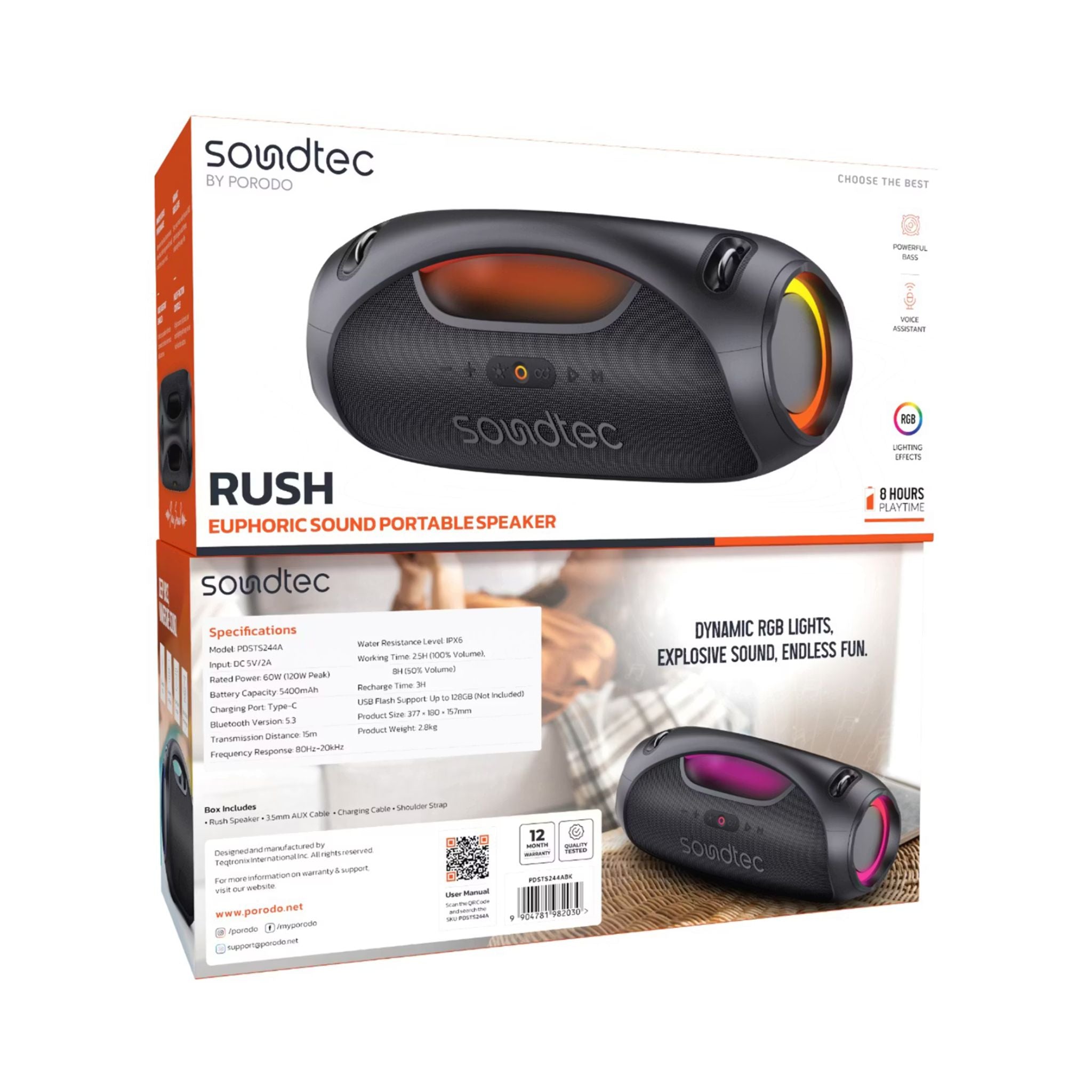 Porodo Soundtec Rush Euphoric Portable Speaker features Bluetooth 5.3, a 5400mAh battery, Type-C charging, IPX6 water resistance, 8-hour playtime, 15m range, power bank function, RGB lights, plus shoulder strap and grip handle- Black