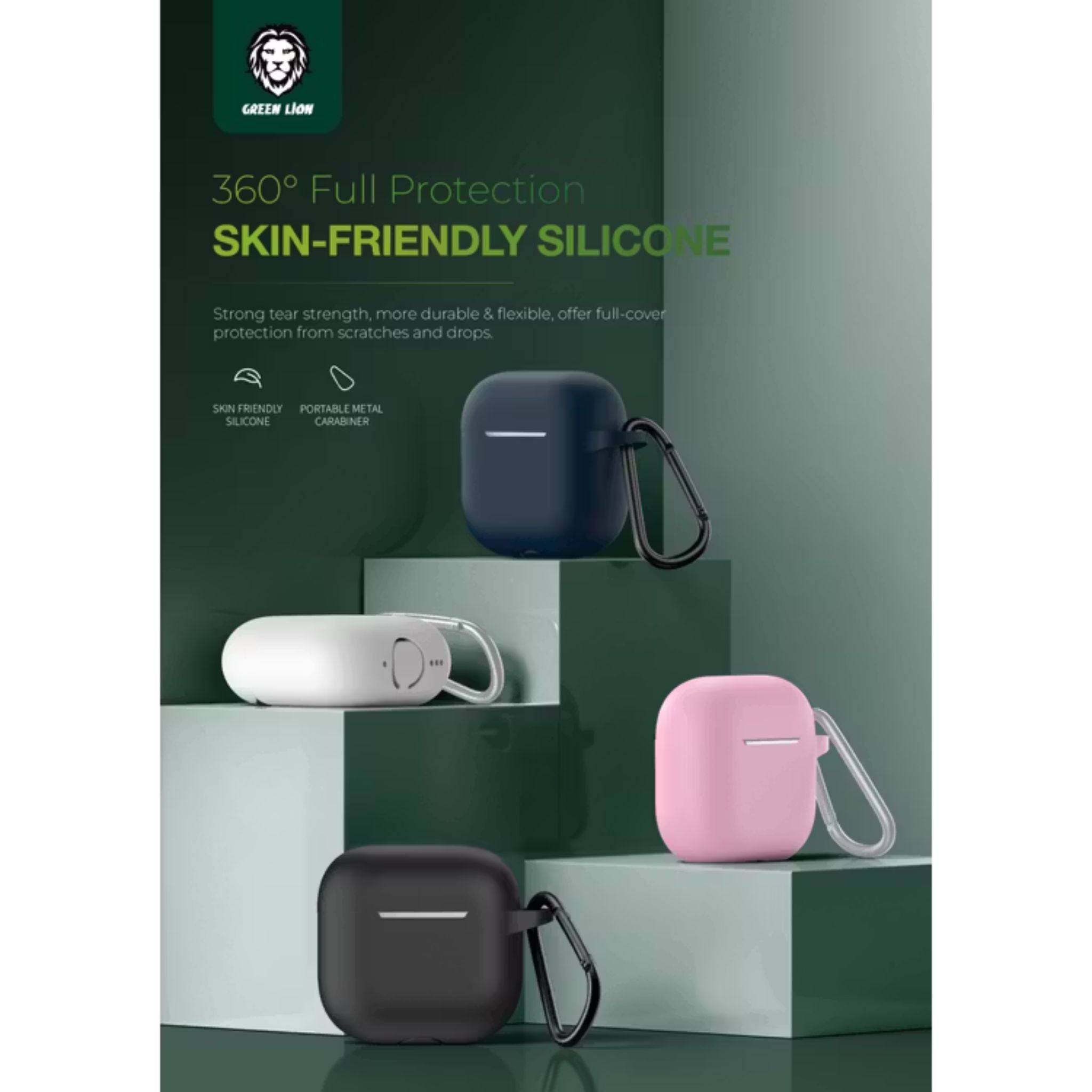 Green Lion Berlin Series Silicone Case for Airpods 4, Metal Carabiner, 360° Full Protection, Shock Absorbent, Skin Friendly Silicone, Washable Material - Black