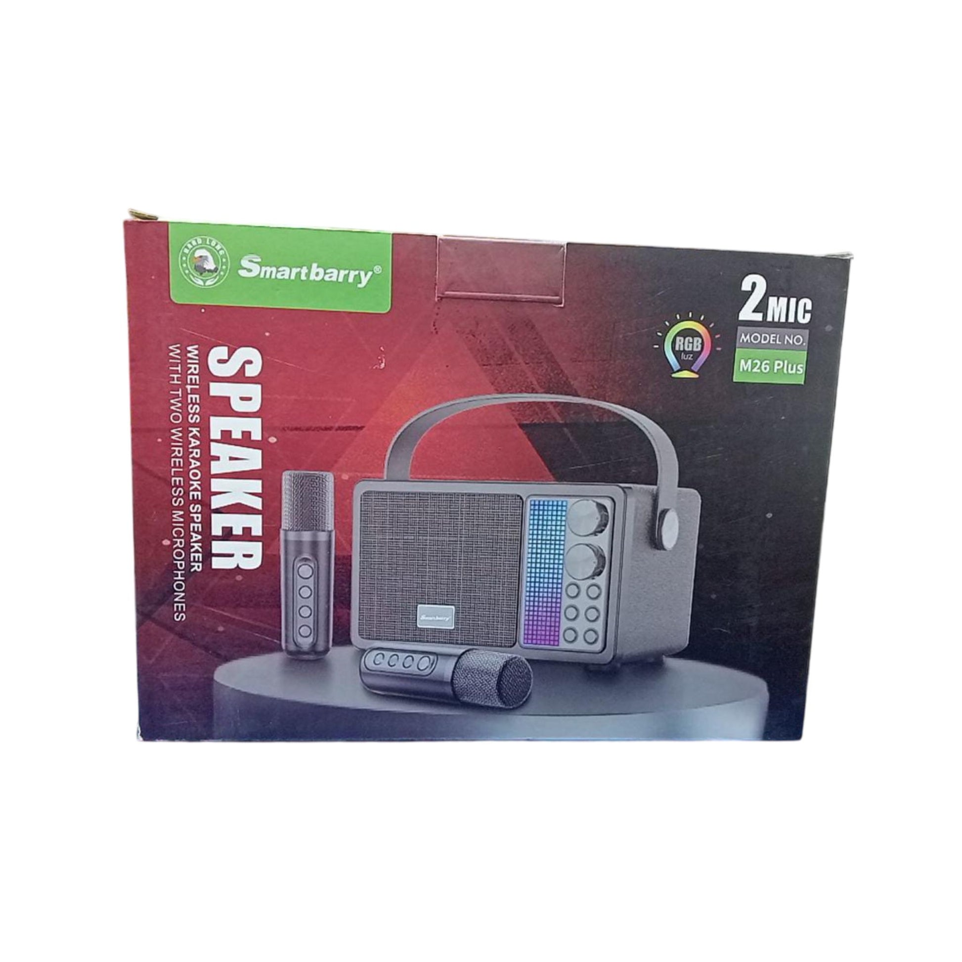 Box packaging of a Smartbarry speaker with microphone on a white background