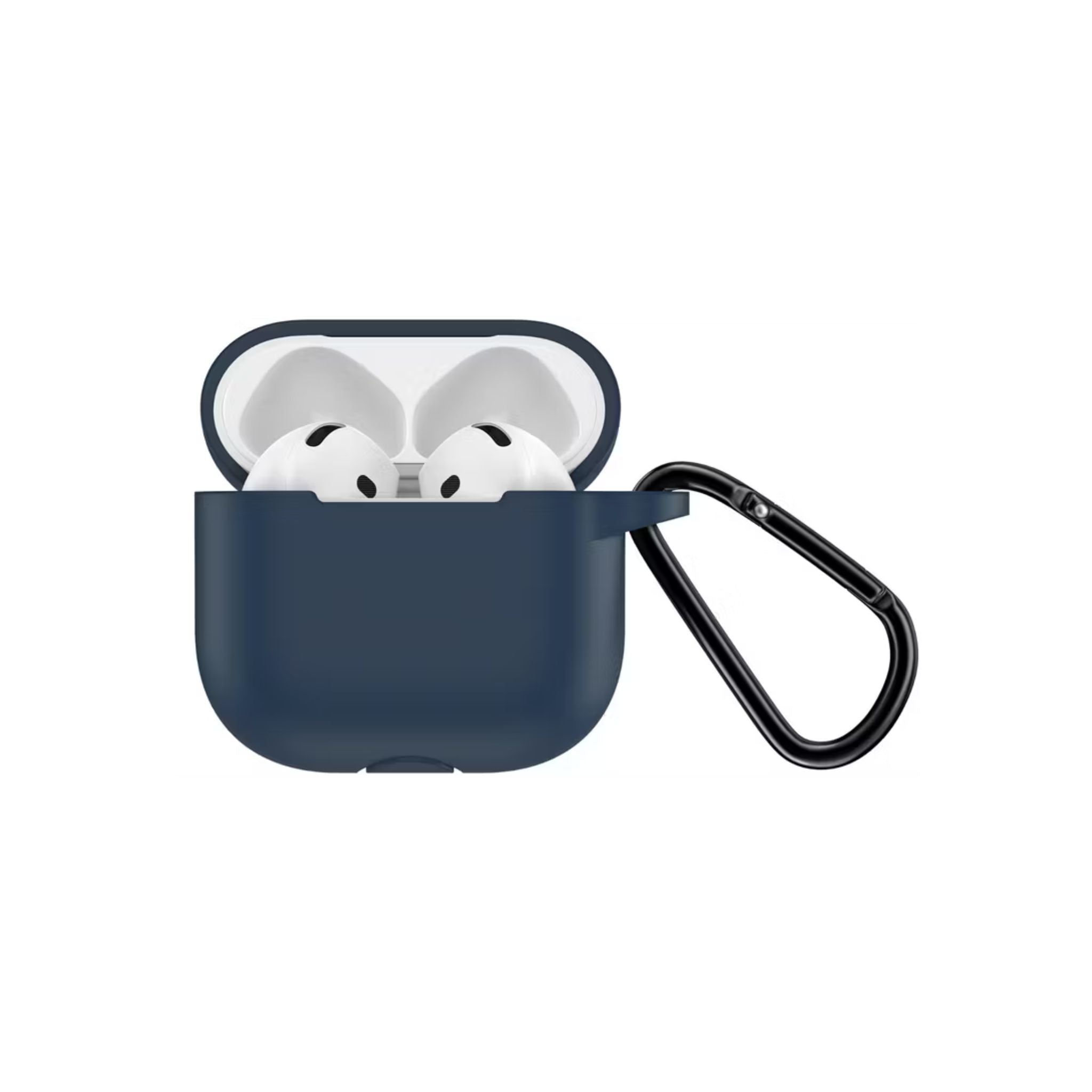 Navy blue case with wireless earbuds and carabiner on a white background
