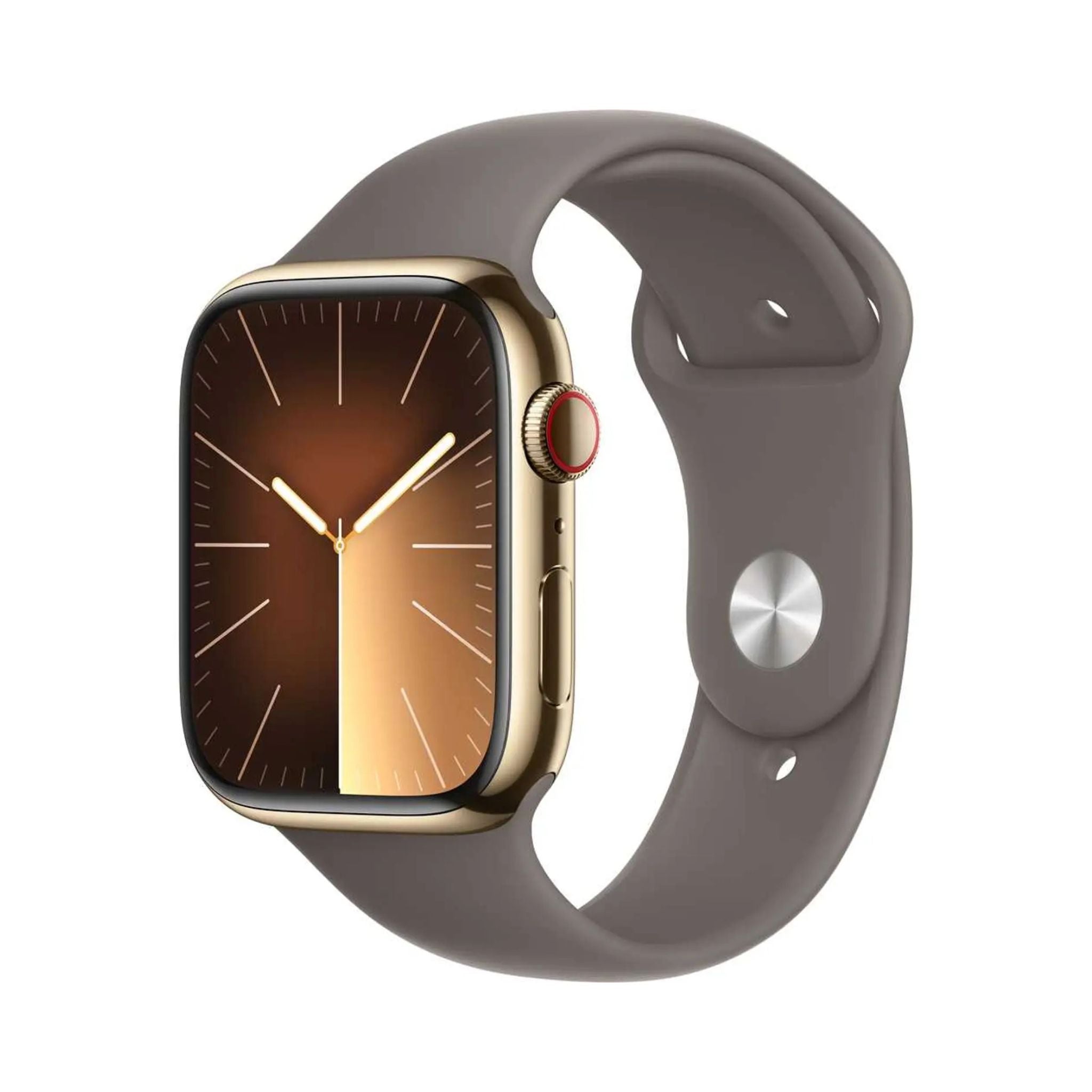 Smartwatch with gold case and gray band on a white background