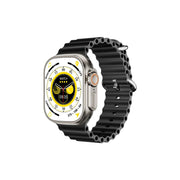 A digital smartwatch with a black strap and a silver case featuring a colorful digital display and navigation buttons.