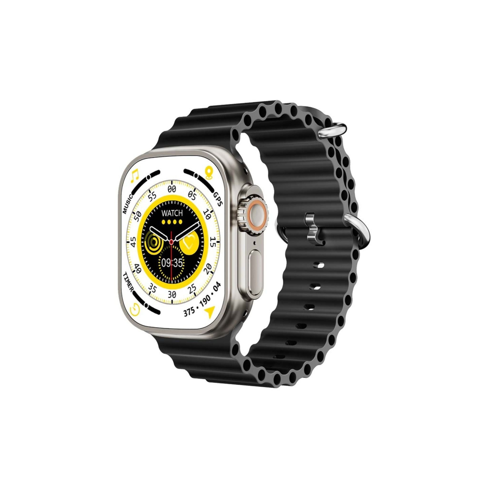 A digital smartwatch with a black strap and a silver case featuring a colorful digital display and navigation buttons.