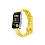 A yellow HUAWEI Band 9 smart watch with a digital touchscreen display showing time and date, featuring a fluoroelastomer strap.