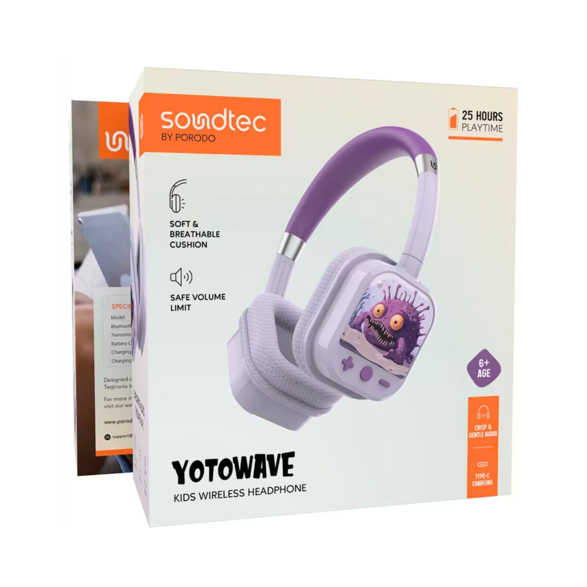 Porodo Soundtec Yotowave Kids Wireless Headphones with Comfortable & Breathable Cushion, 200mAh Battery, Up to 25 Hours Play Time, 40mm Speaker Size, Bluetooth Version 5.4, Recommended for Kids Aged 6+, Skin-Friendly Material, Safe Volume Limit - Purple