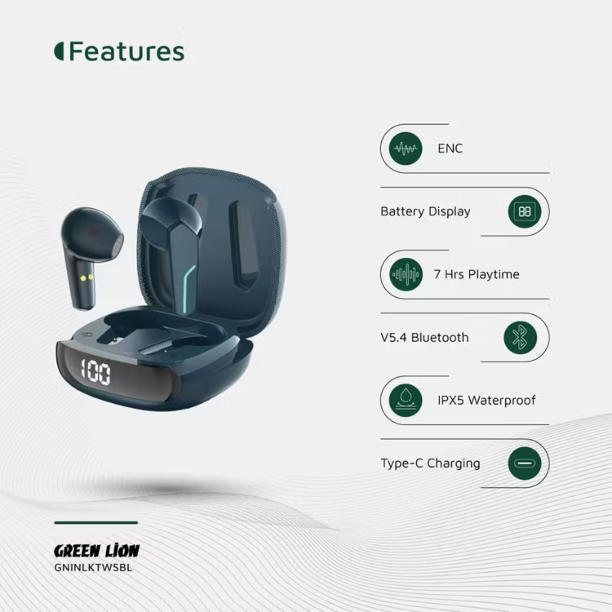 Green Lion Interlaken True Wireless Earbuds with Built-in Dual Microphones, 7 Hours Play Time, 13mm Speaker Size, 300mAh Case & 40mAh Earbuds Battery, 180 Hours Standby Time, Battery Display, Breathing Lights
