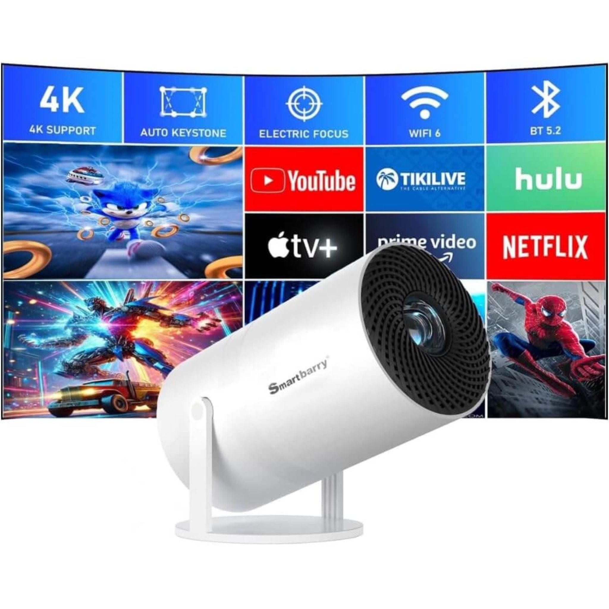 Smartbarry HT88 4K 1080P Mini Projector with WiFi & Bluetooth Portable Premium Android OS Projector, 210° Rotatable Stand, Dust Removal & Heat Dissipation Design for Home Theater, Office, Gaming and Business