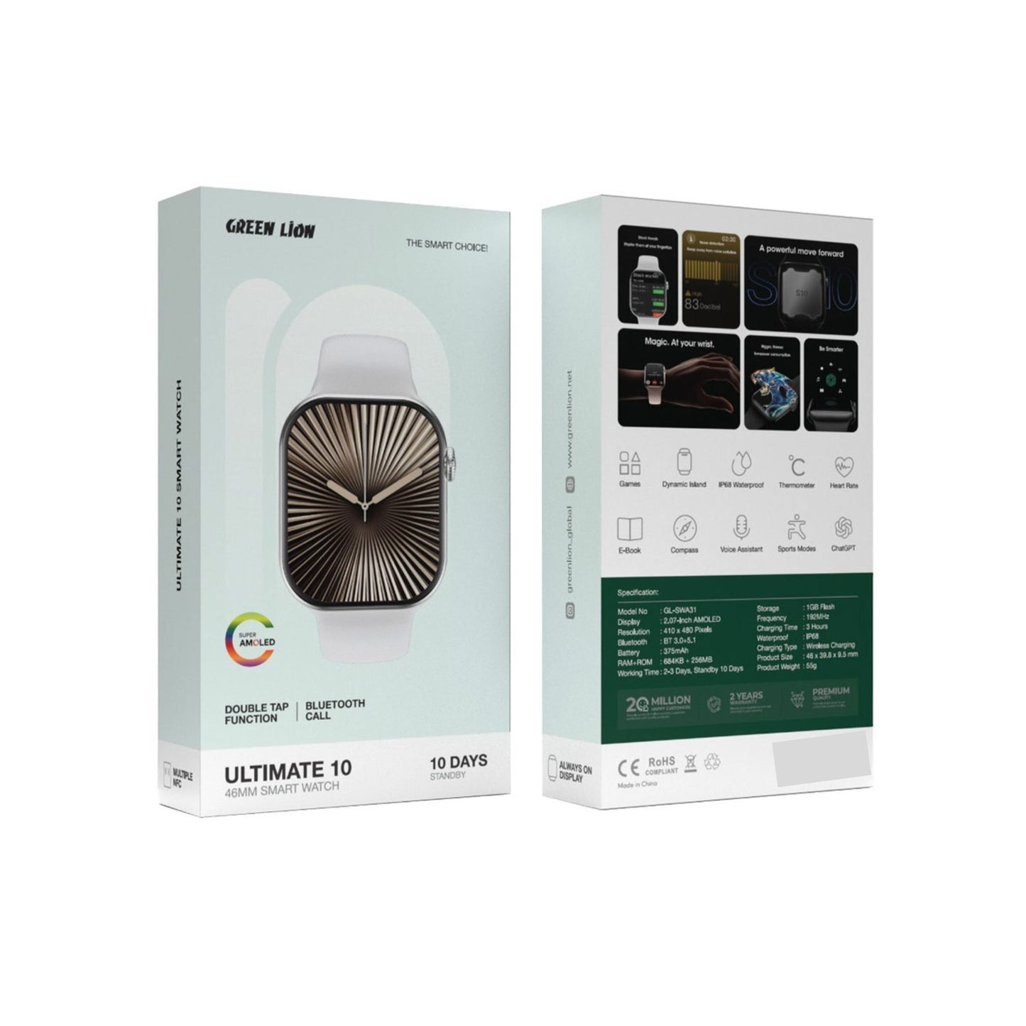 Green Lion Ultimate 10 46MM Smart Watch with 2.07-Inch Super AMOLED & Wireless Charging | IP68 Waterproof & T 3.0+5.1 _Silver