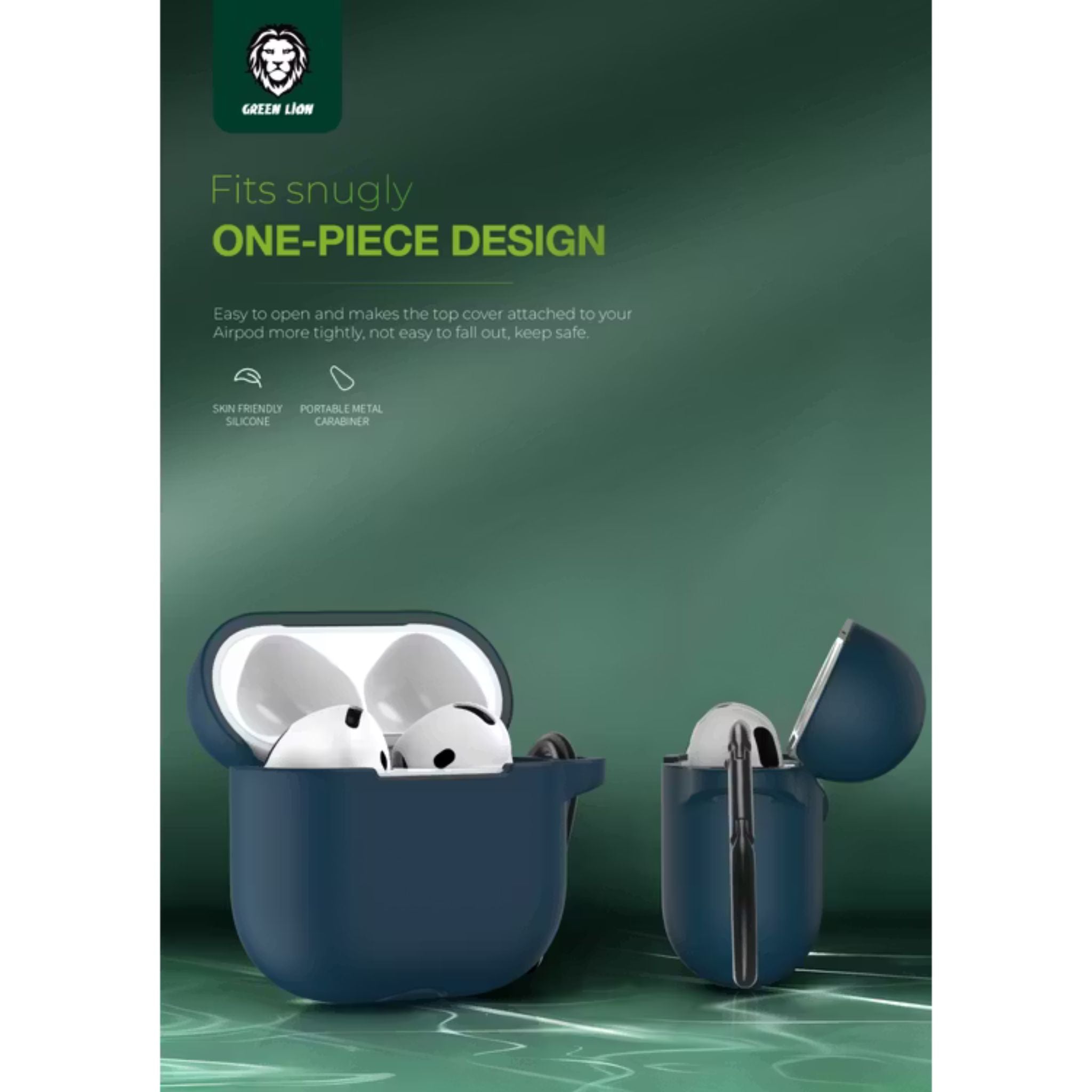 Green Lion Berlin Series Silicone Case for Airpods 4, Metal Carabiner, 360° Full Protection, Shock Absorbent, Skin Friendly Silicone, Washable Material - Blue