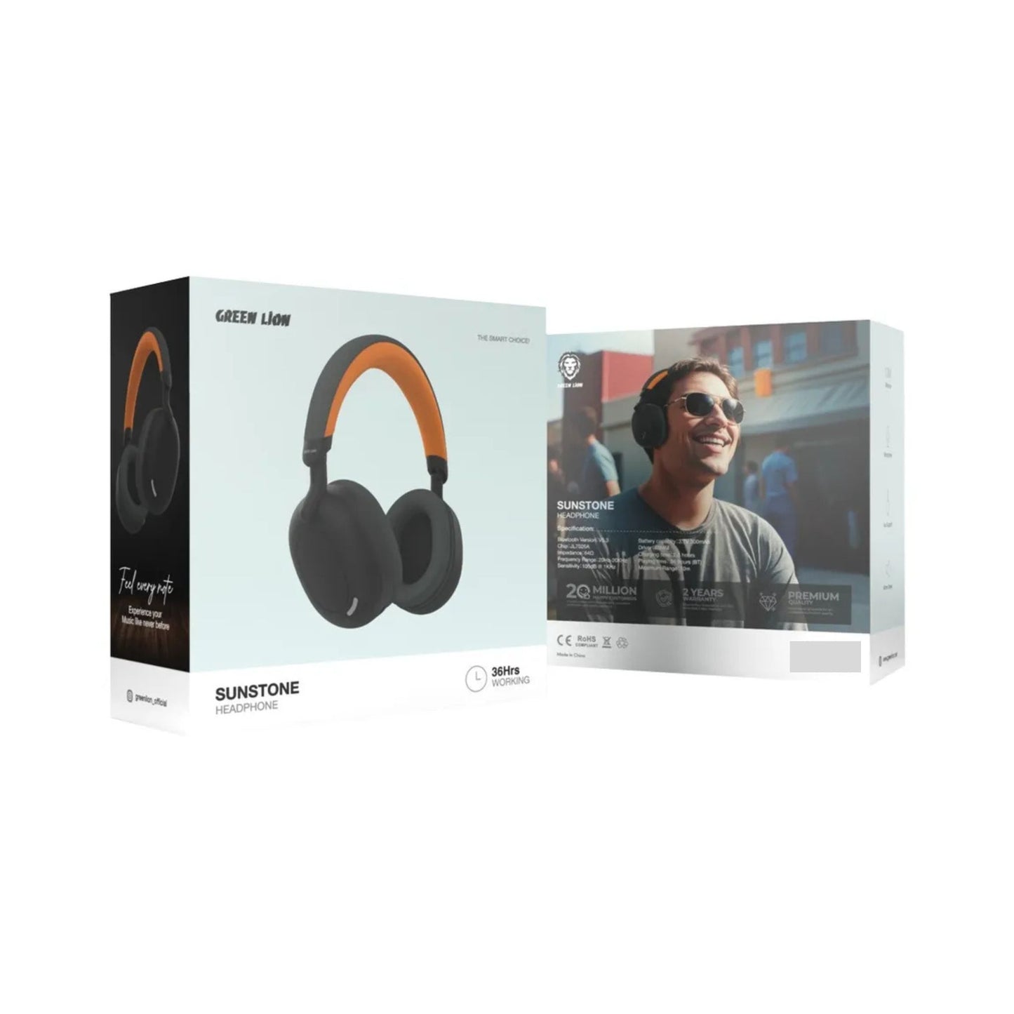 Green Lion Sunstone Headphones, 10 m Working Distance, AUX Support, 36 Hours Bluetooth Playing Time, 300 mAh Battery, Black / Orange