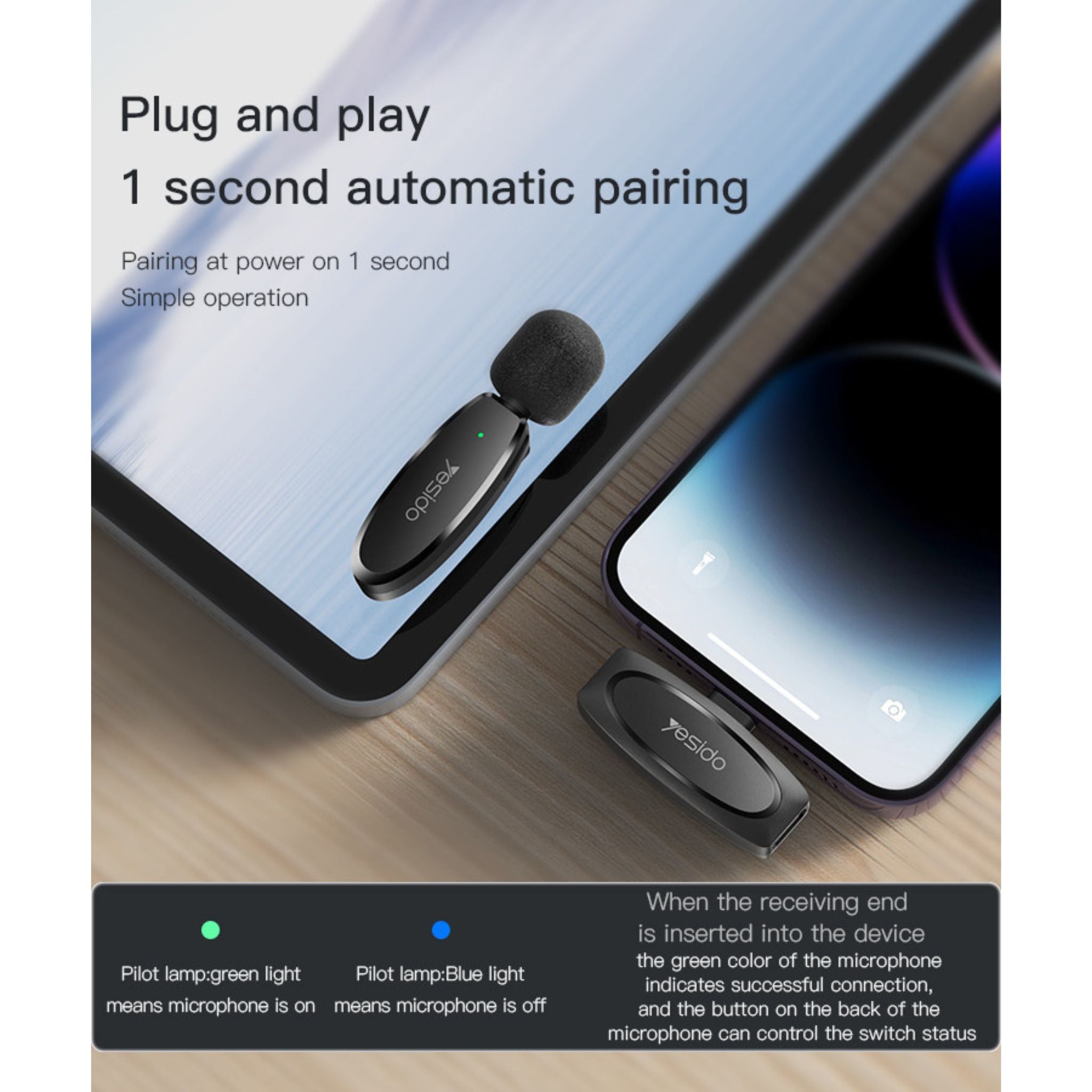 Yesido KR15 portable 360 pickup voice IP Type-c 2 in 1 transmit port 2 wireless MEMS Microphone