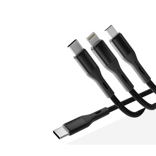 Green 3 in 1 Fast Charging Braided Cable ( USB-C to USB-C 3A / USB-C to Lightning 2.4A USB-C to Micro 2.4A ) 1.2M - Black