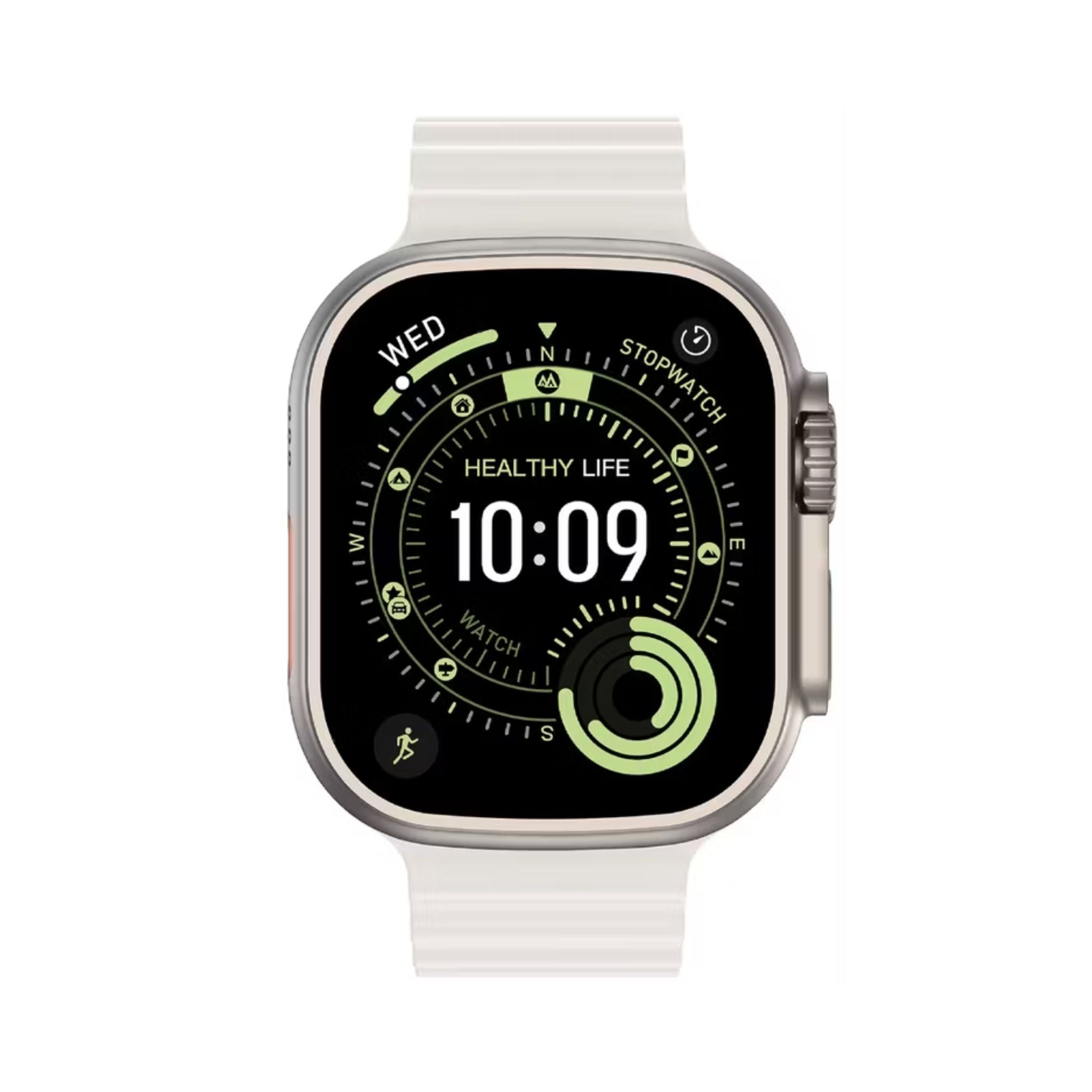 Green Lion Communicate 49mm Ultra Smartwatch, 2.04” AMOLED Display, 350mAh Battery, 2–3 Days Use, 10-Day Standby, Bluetooth 5.4, 1GB Flash, 3ATM Waterproof, Wireless Charging, Double Tap, Dynamic Island, Always-On Display, 500+ Watch Faces- Silver