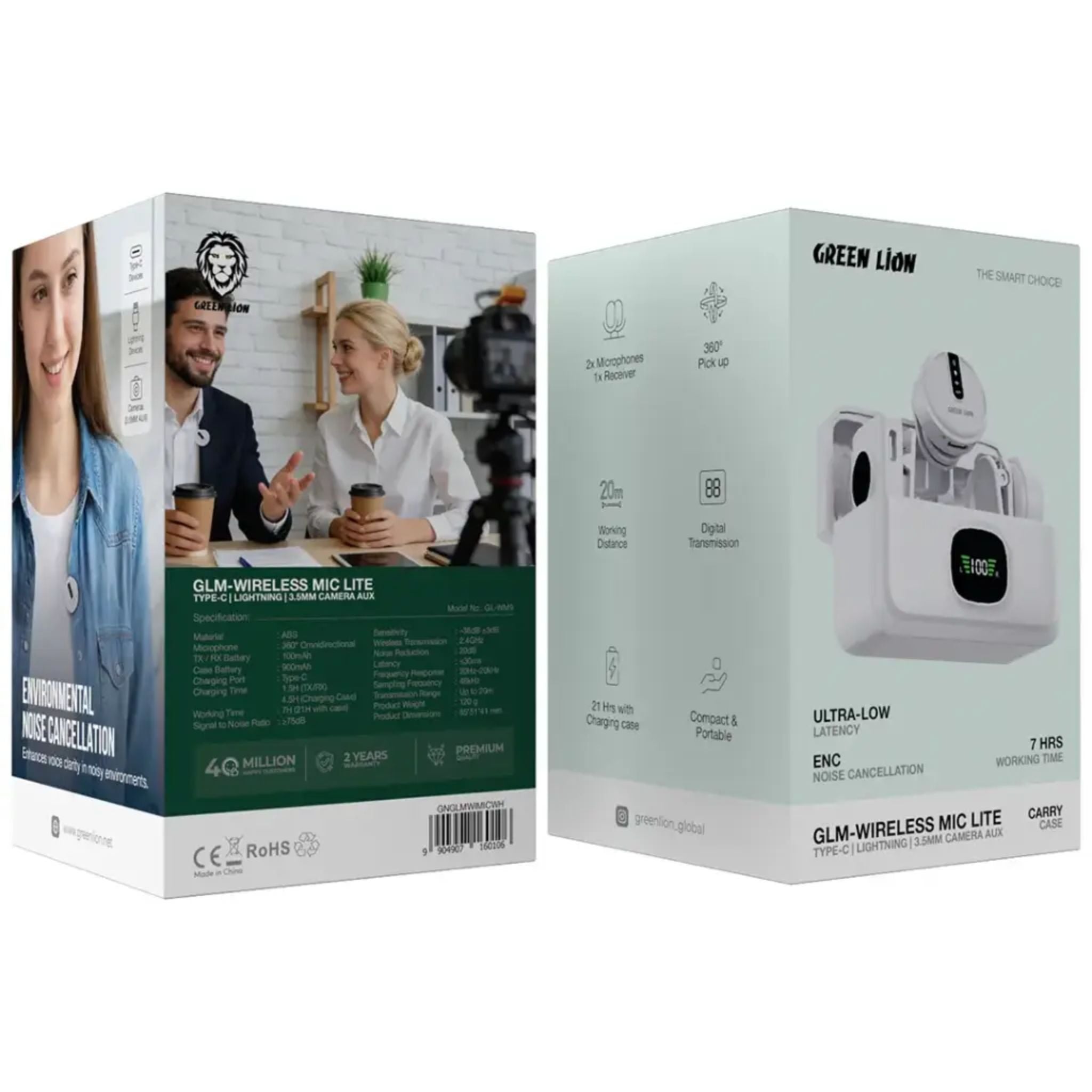 Green Lion GLM-Wireless Mic Lit with Type-C & Lightning Cable & 3.5mm Camera Aux - White