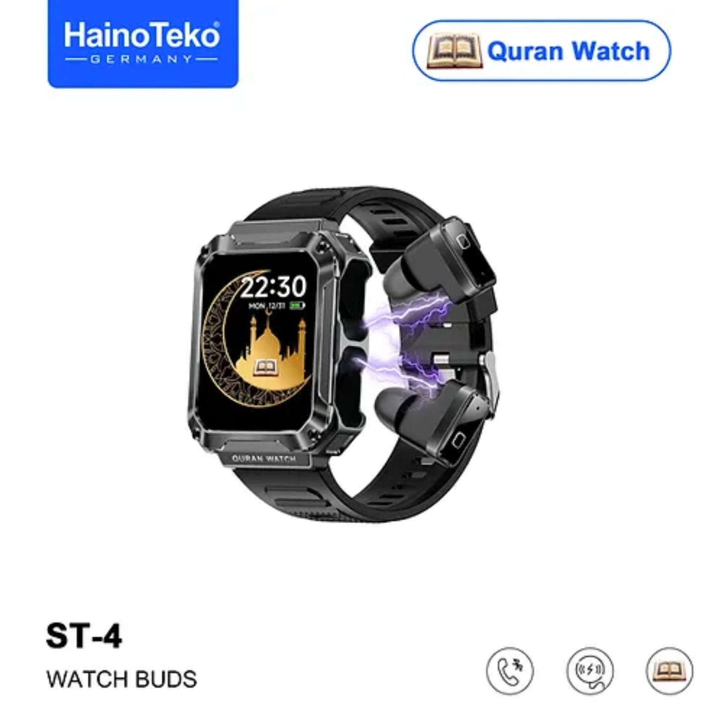 Top Tier Watch Buds ST-4 With Large Screen Square Shape AMOLED Display for Ladies and Gents_Black
