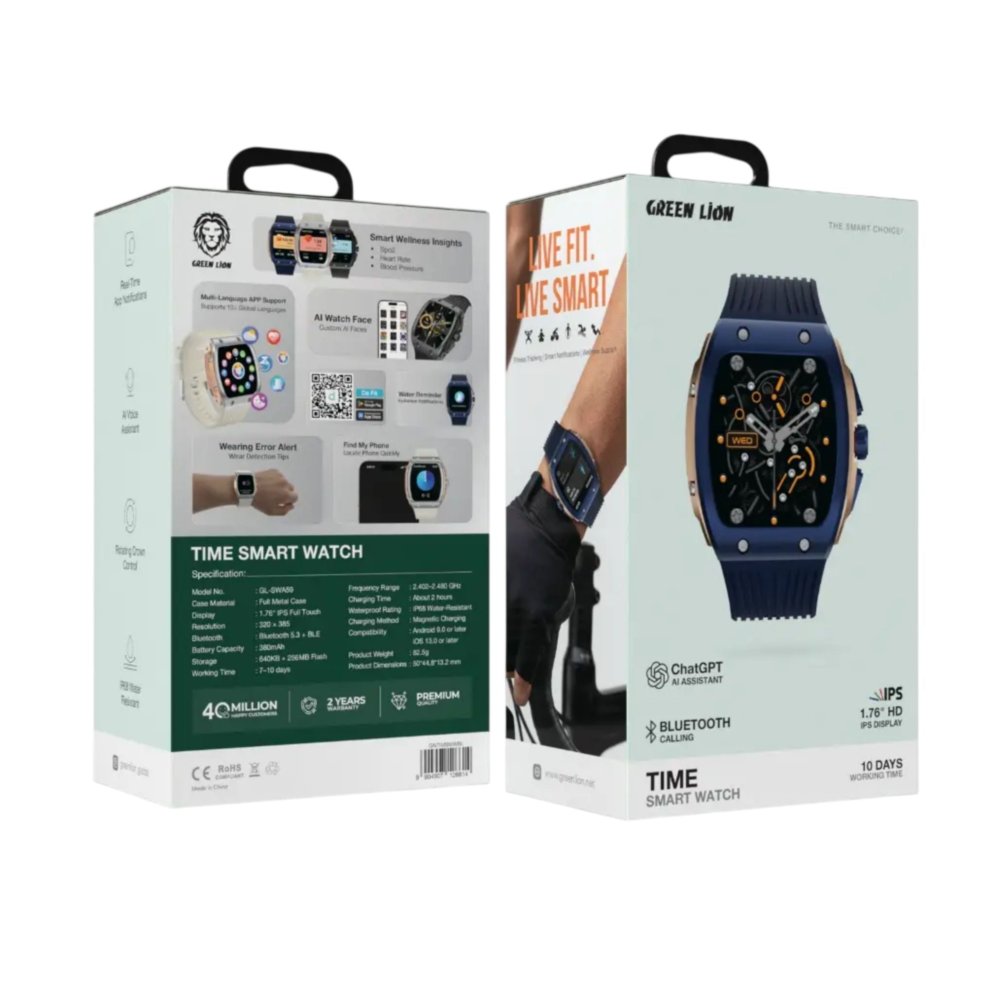 Green Lion Time Smart Watch – 1.76” HD IPS Display, Fitness Tracker, Bluetooth Calling, Smart Notifications - Blue