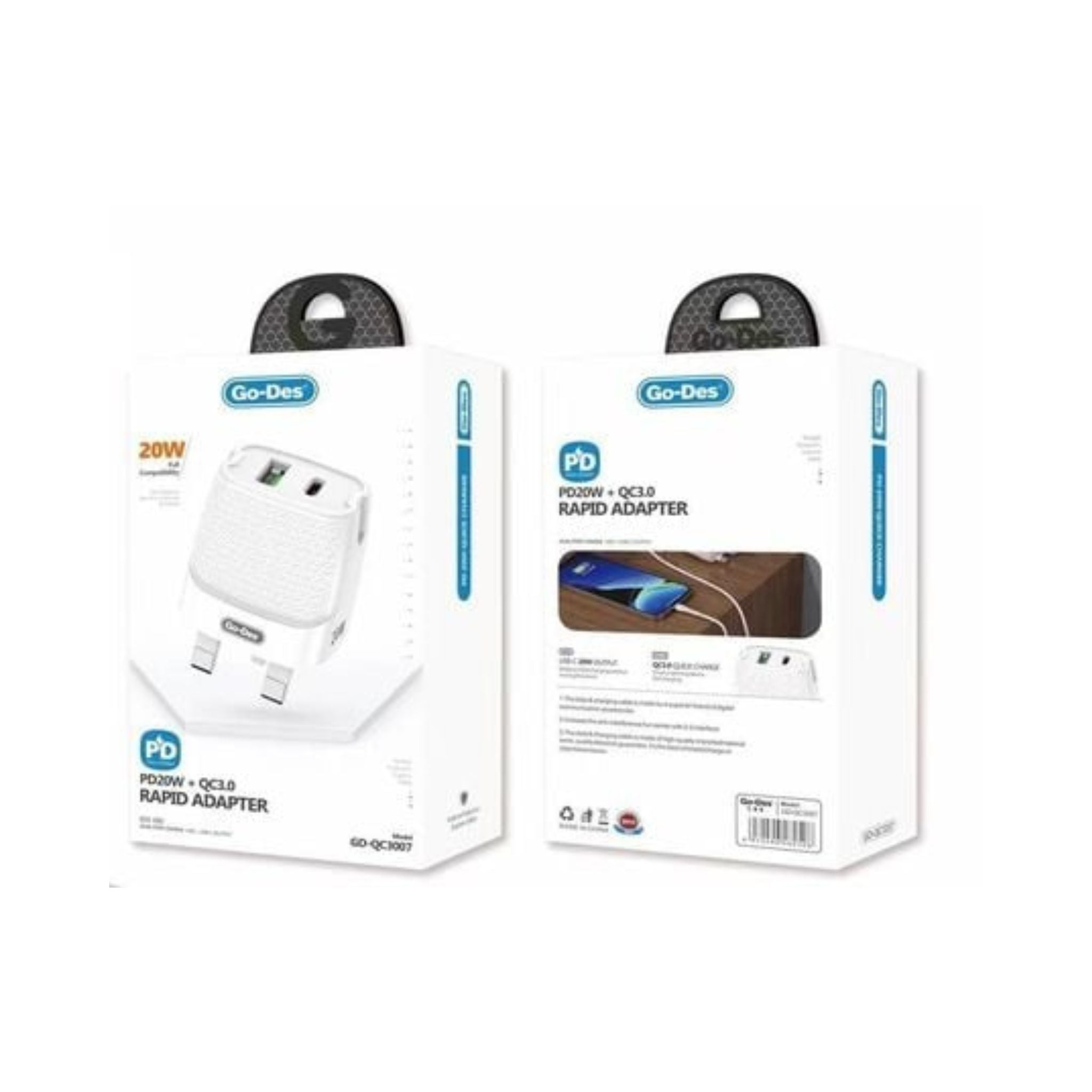 Go Des PD20W + QC3.0 Rapid Adapter+ Quick Charger_White