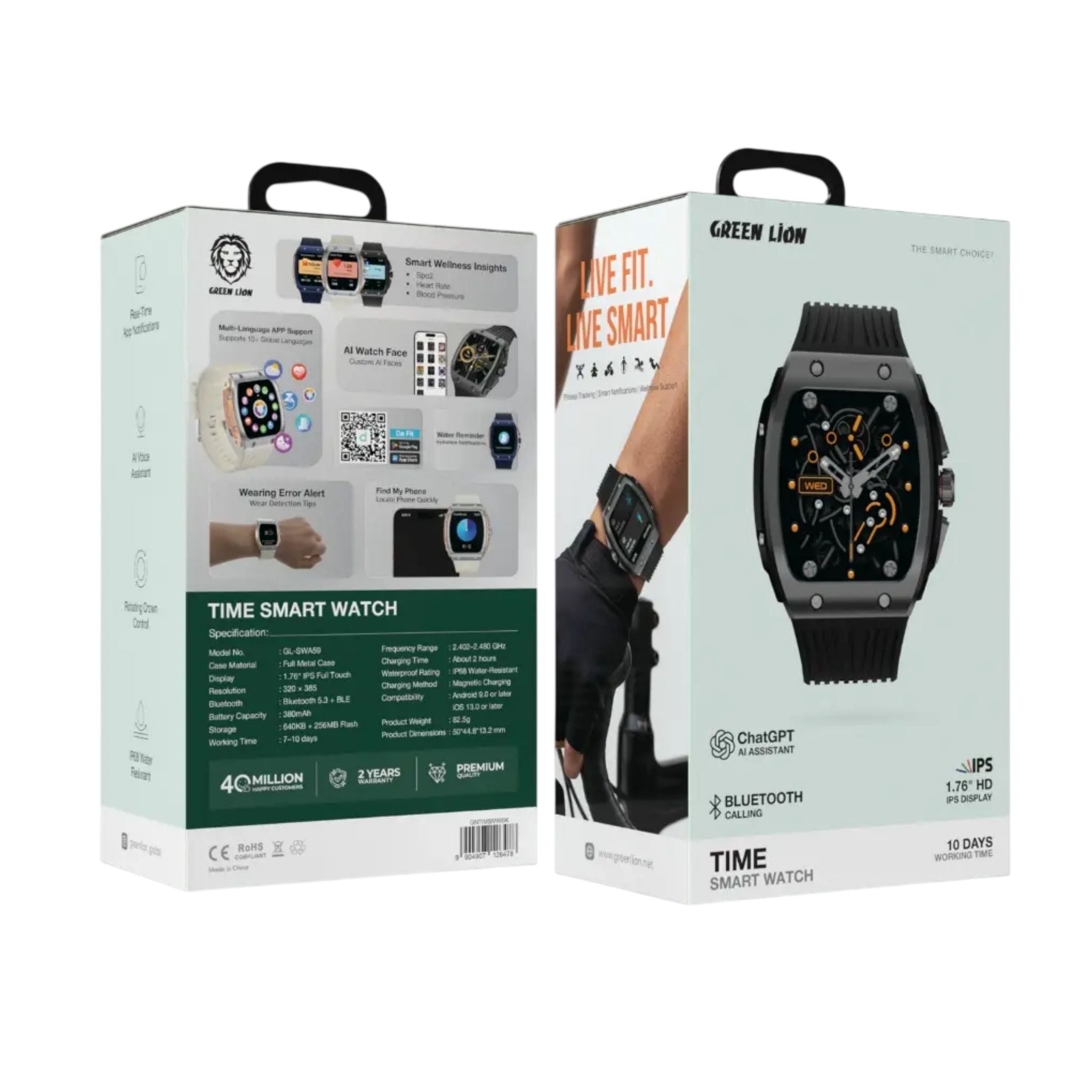 Green Lion Time Smart Watch – 1.76” HD IPS Display, Fitness Tracker, Bluetooth Calling, Smart Notifications - Black