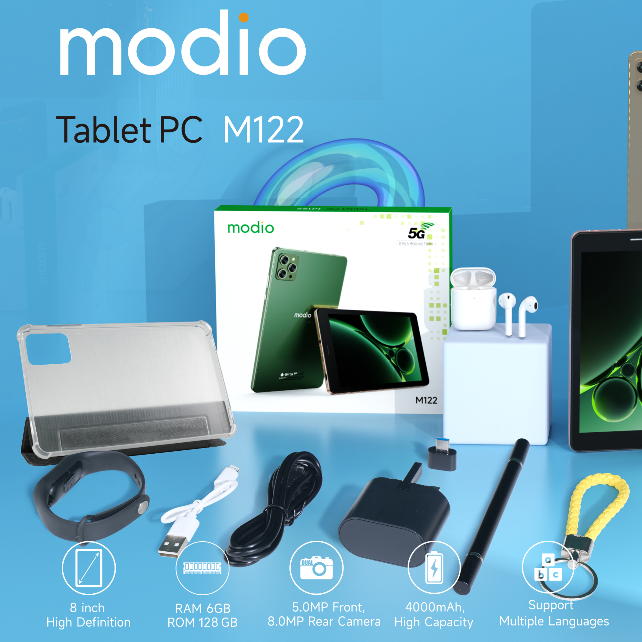 Modio M122 5G 8" HD Tablet PC, 6GB RAM, 128GB Storage – Grey