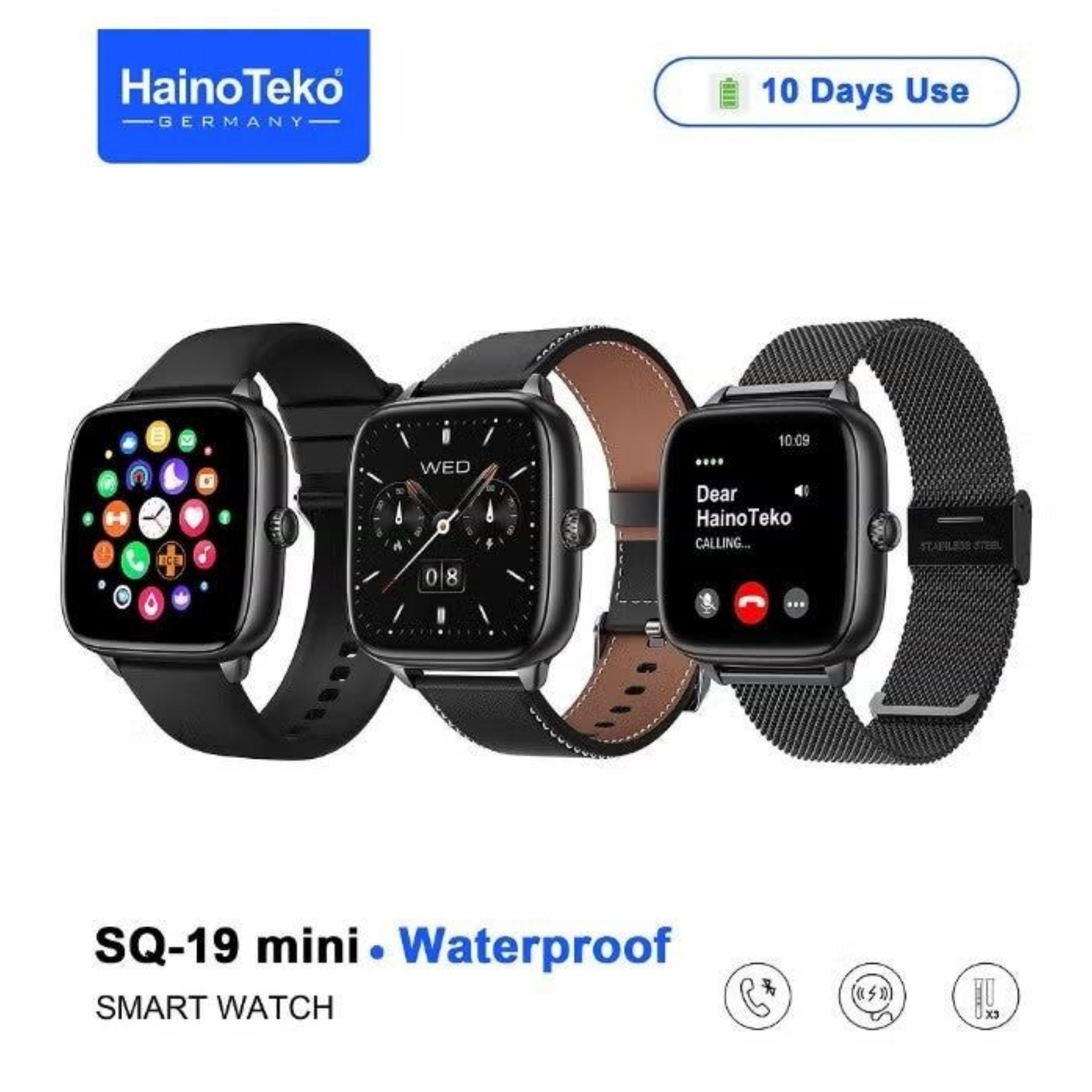 Haino Teko SQ-19 Mini Smart Watch with Bluetooth Call Function, 1.72 Inch AMOLED Touch Screen, 10 Day Battery Backup, Waterproof Fitness Tracker with 3 Replacement Straps for Men & Women - Silver