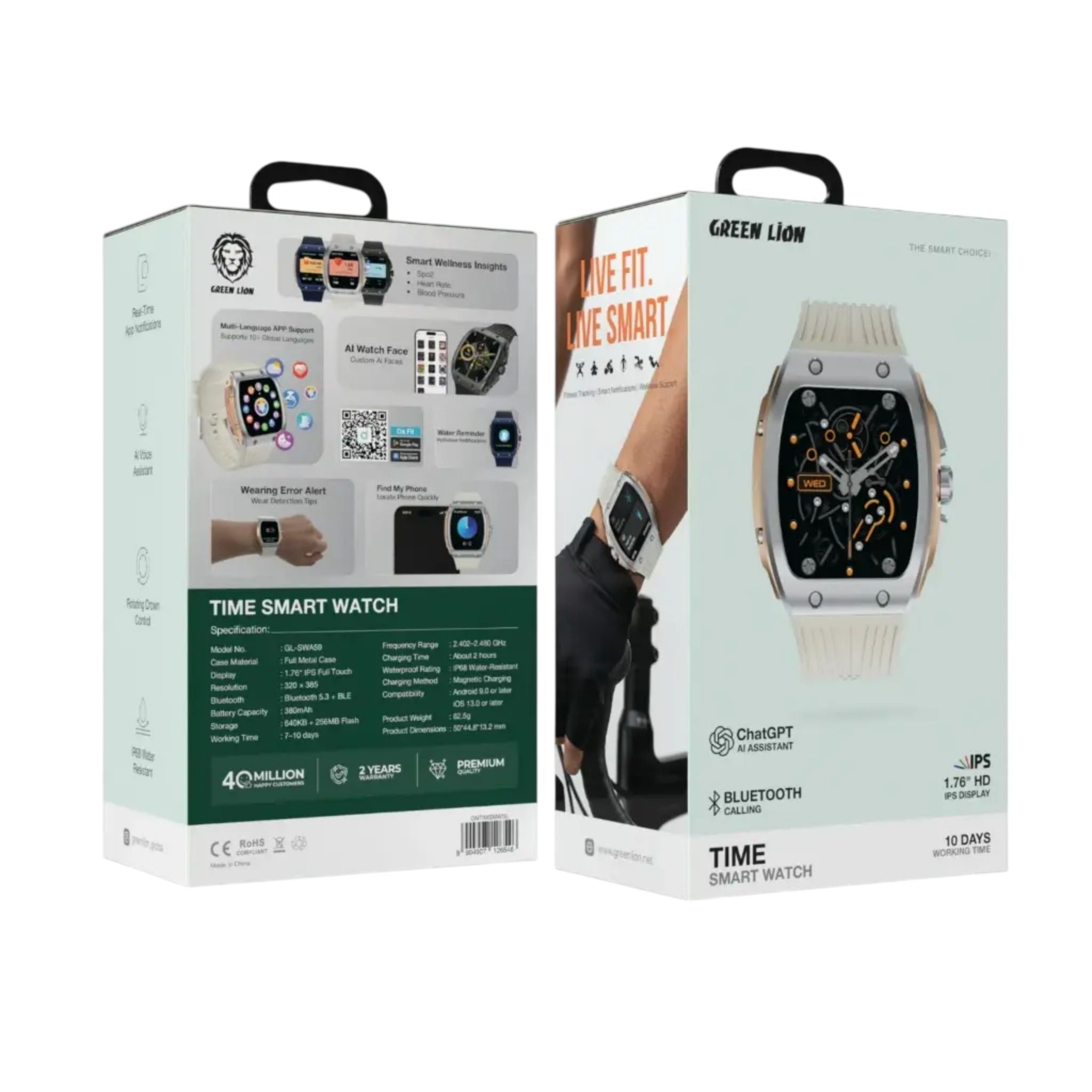 Green Lion Time Smart Watch – 1.76” HD IPS Display, Fitness Tracker, Bluetooth Calling, Smart Notifications - Silver