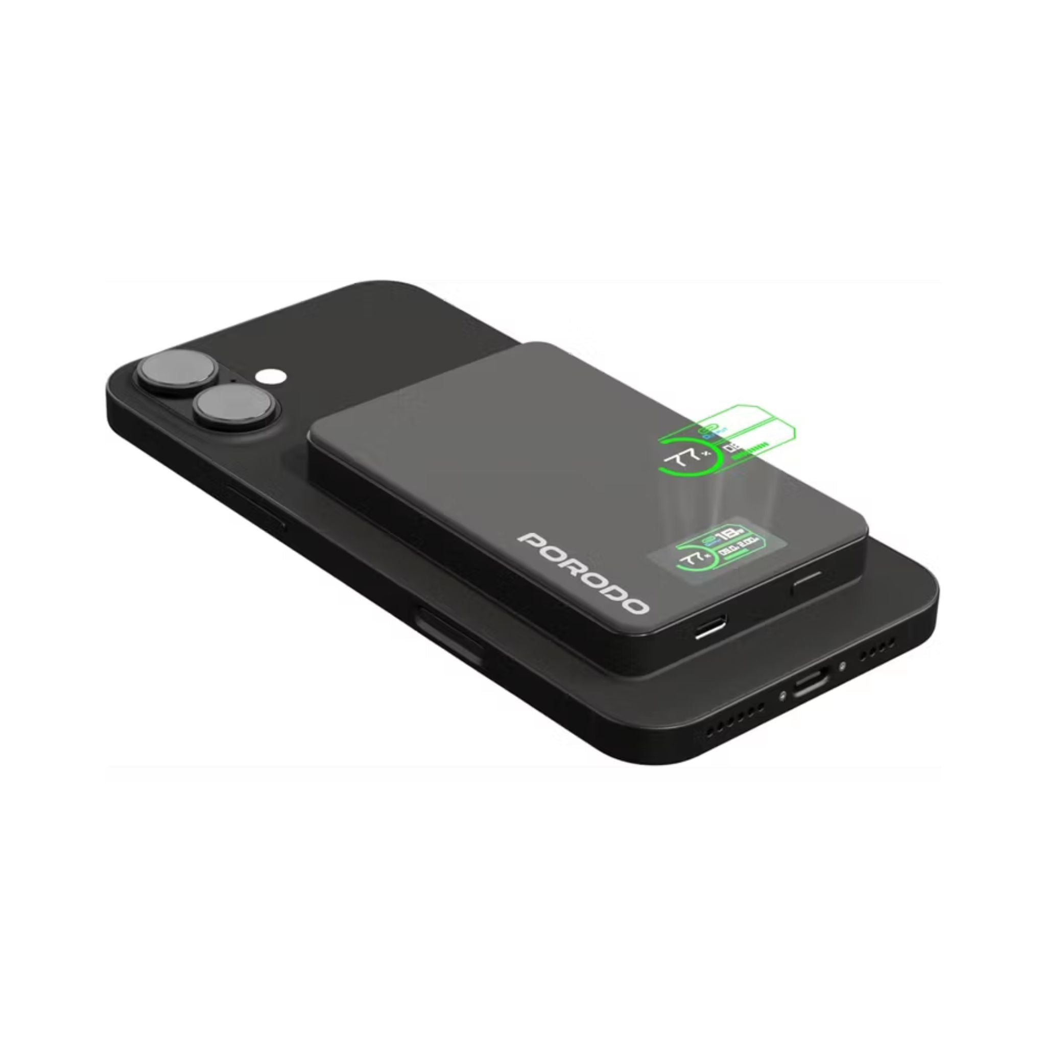 Porodo 10000mAh Power Bank with Real-Time TFT Smart Display, Type-C Input & Output, 20W PD Fast Charging, 15W Wireless Charging, Compatible with MagSafe, Smart Temperature Control - Dark Gray